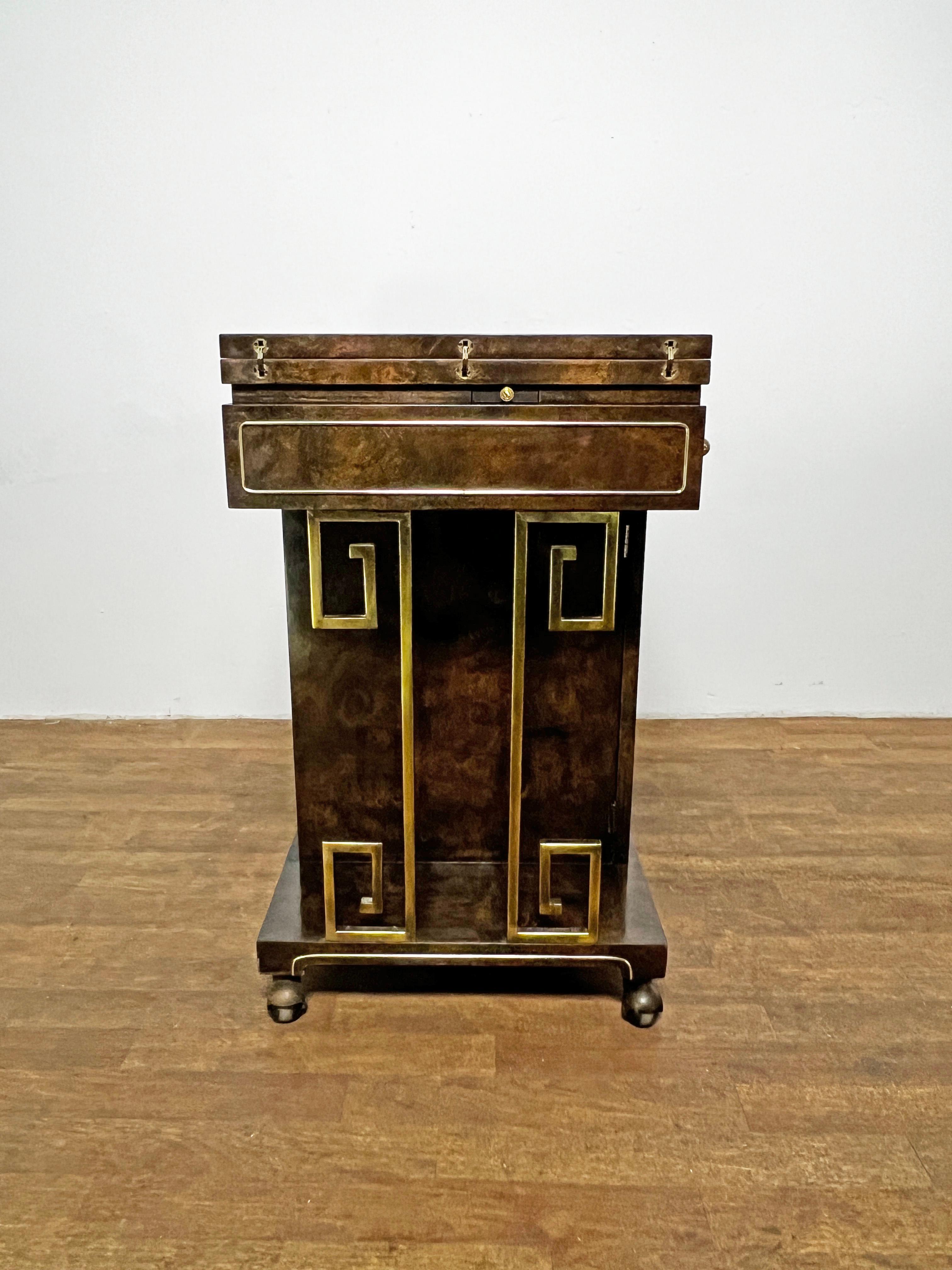 Mastercraft Burl Wood Bar Cart With Brass Greek Key Accents Circa 1960s 1