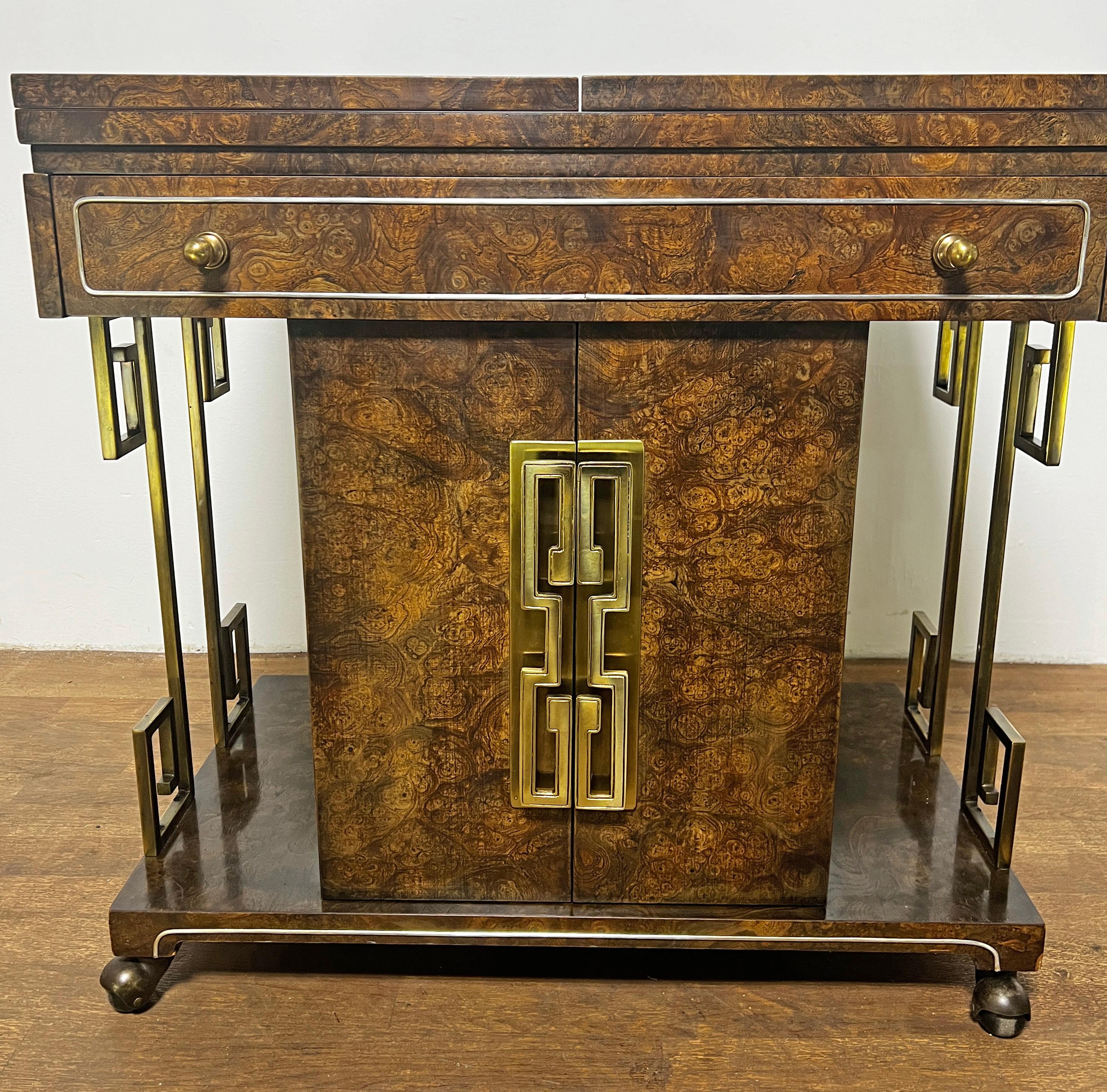 Mastercraft Burl Wood Bar Cart With Brass Greek Key Accents Circa 1960s 2