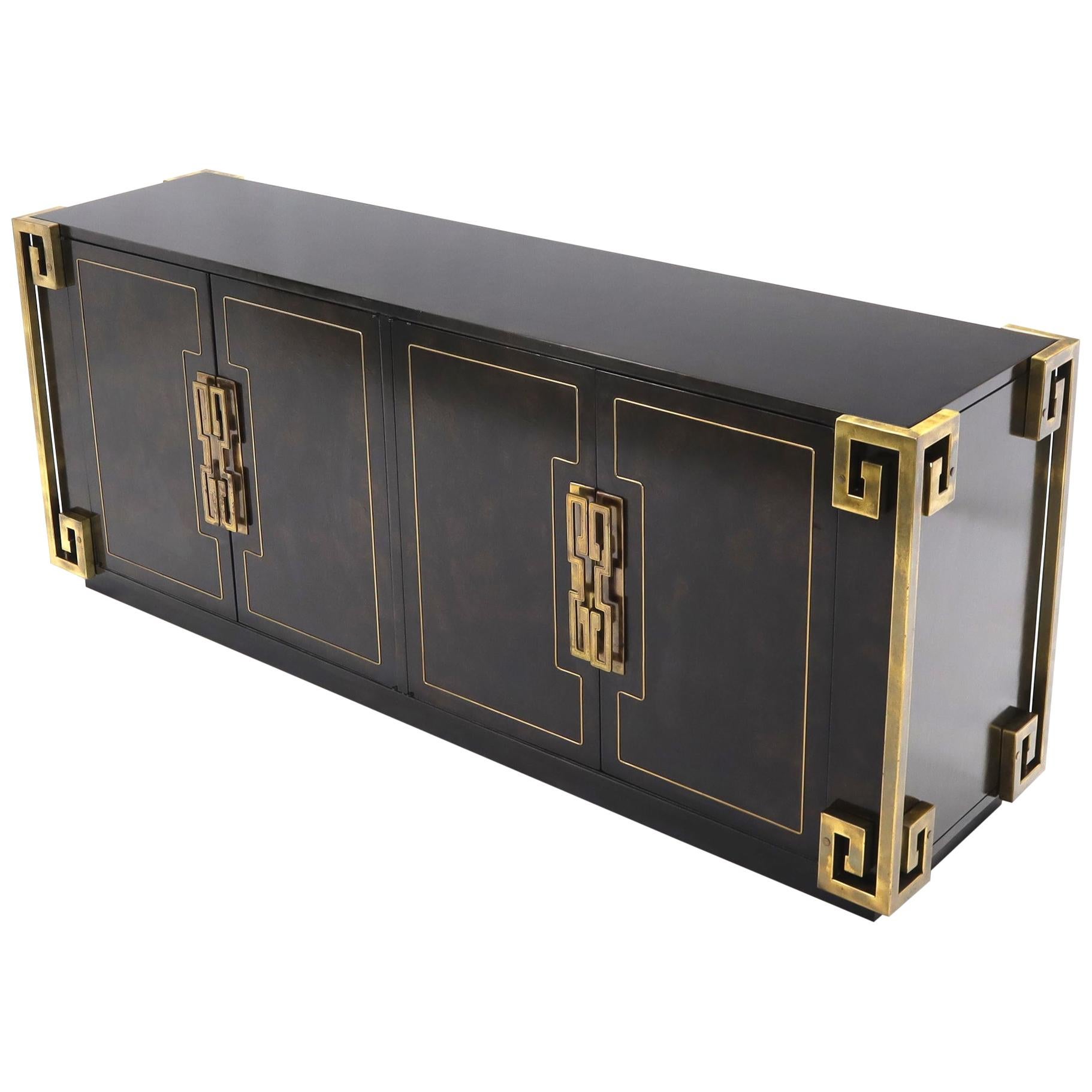 Mastercraft Burl Wood and Brass Greek Key Ornament Long Sideboard Credenza