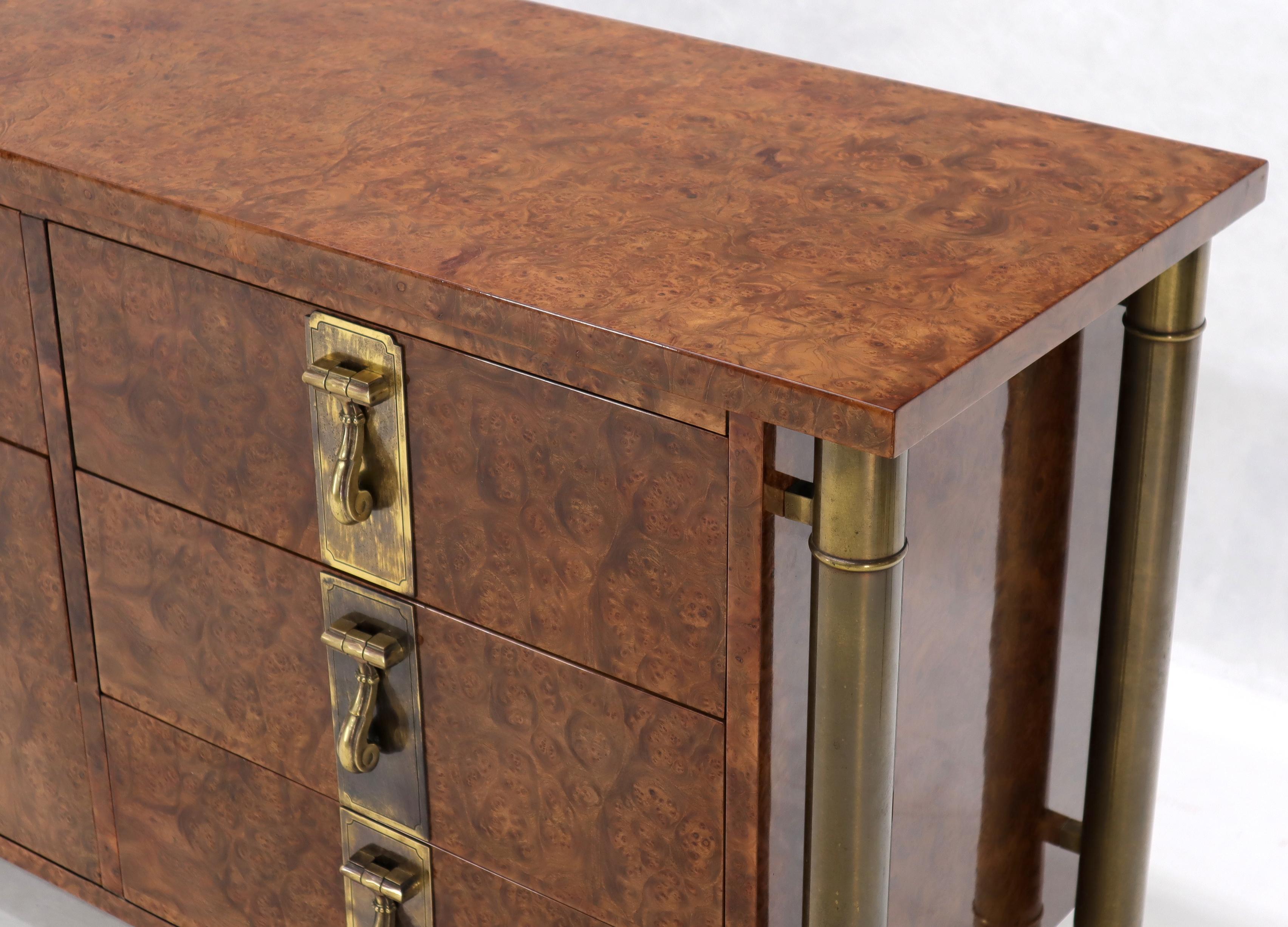 Mid-Century Modern Mastercraft Burl Wood and Brass Hardware Long 9 Drawers Credenza Dresser For Sale
