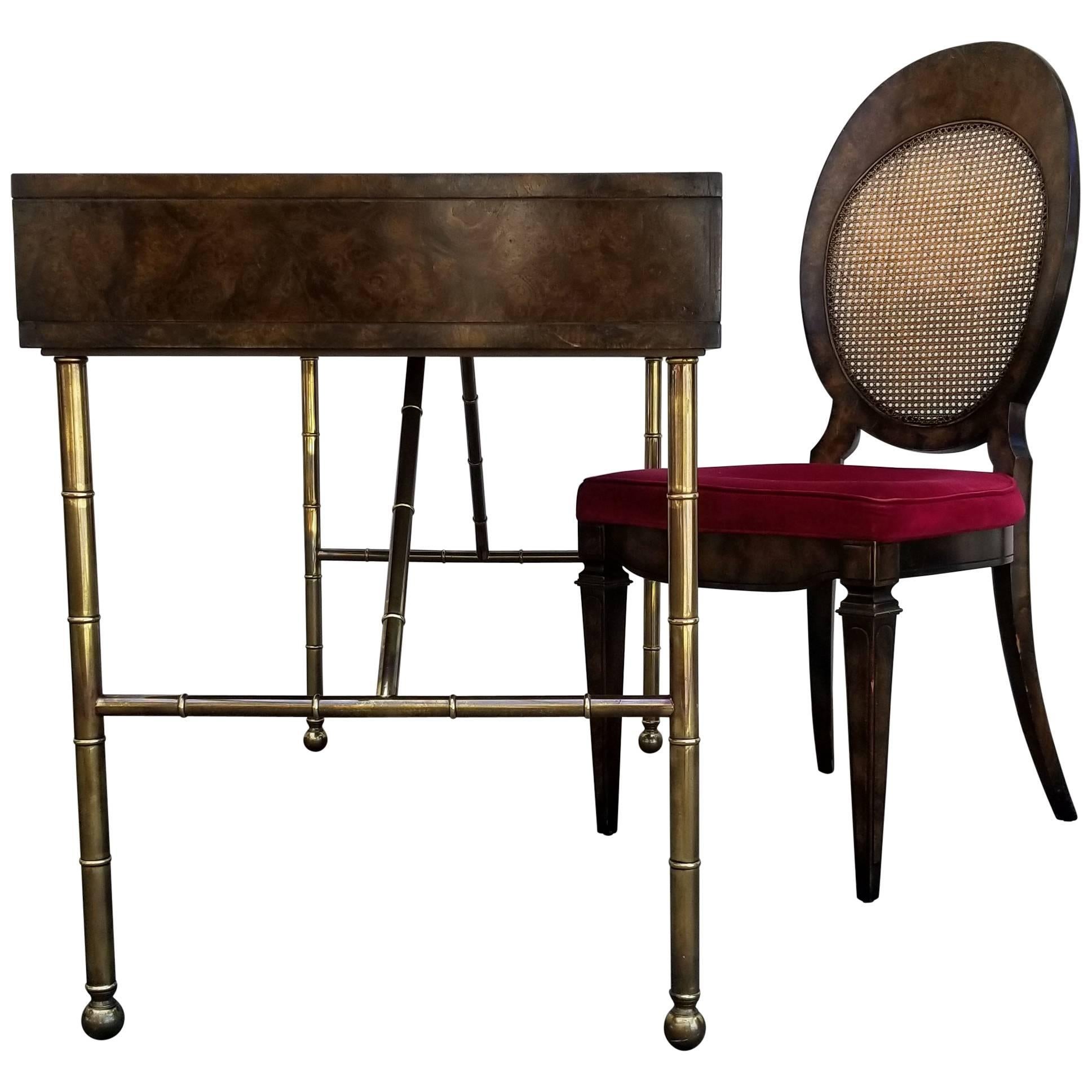 Mastercraft Burl Wood, Leather and Brass Desk and Chair For Sale