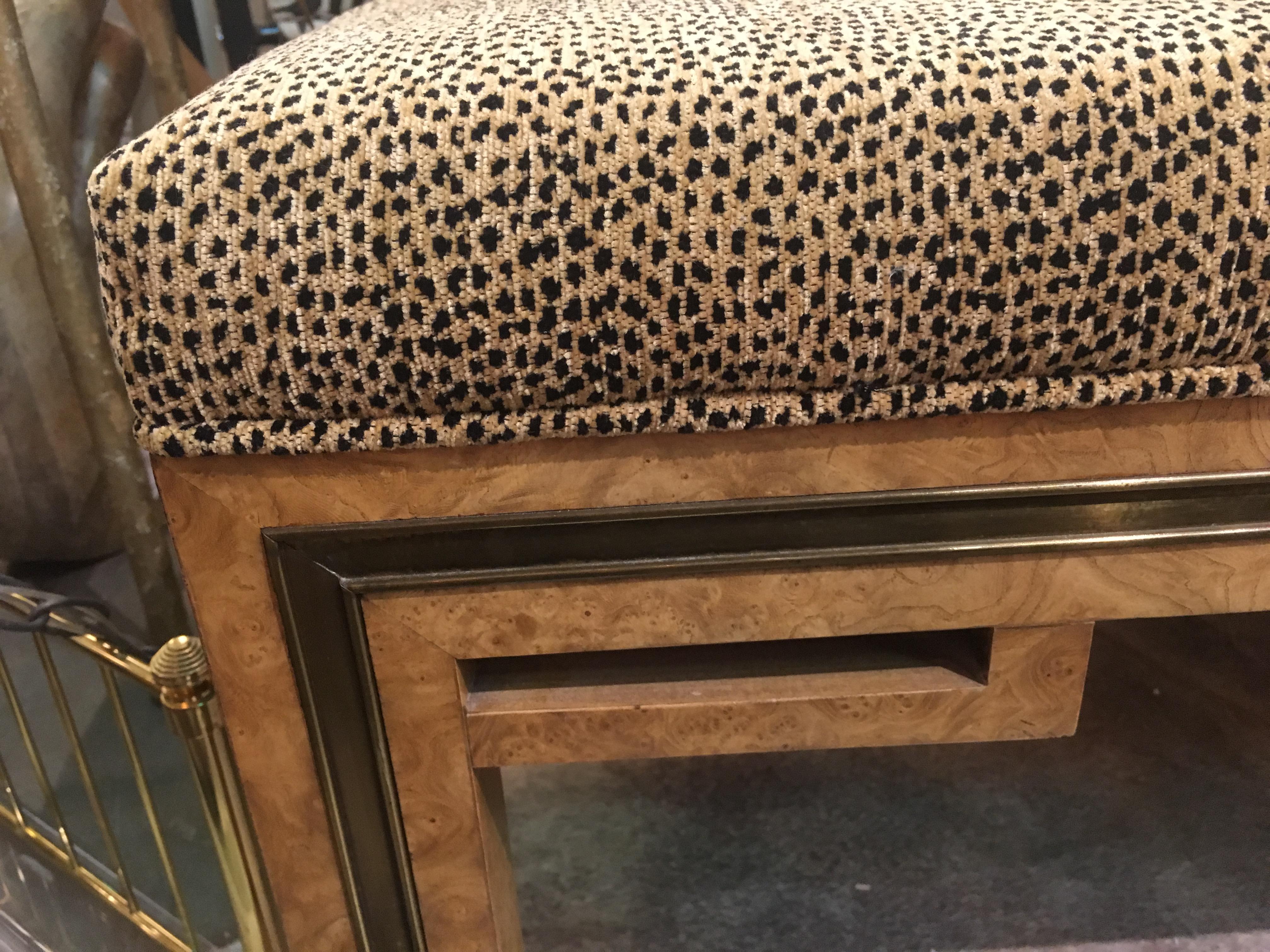 Mastercraft upholstered Carpathian elm burl wood bench with brass trim