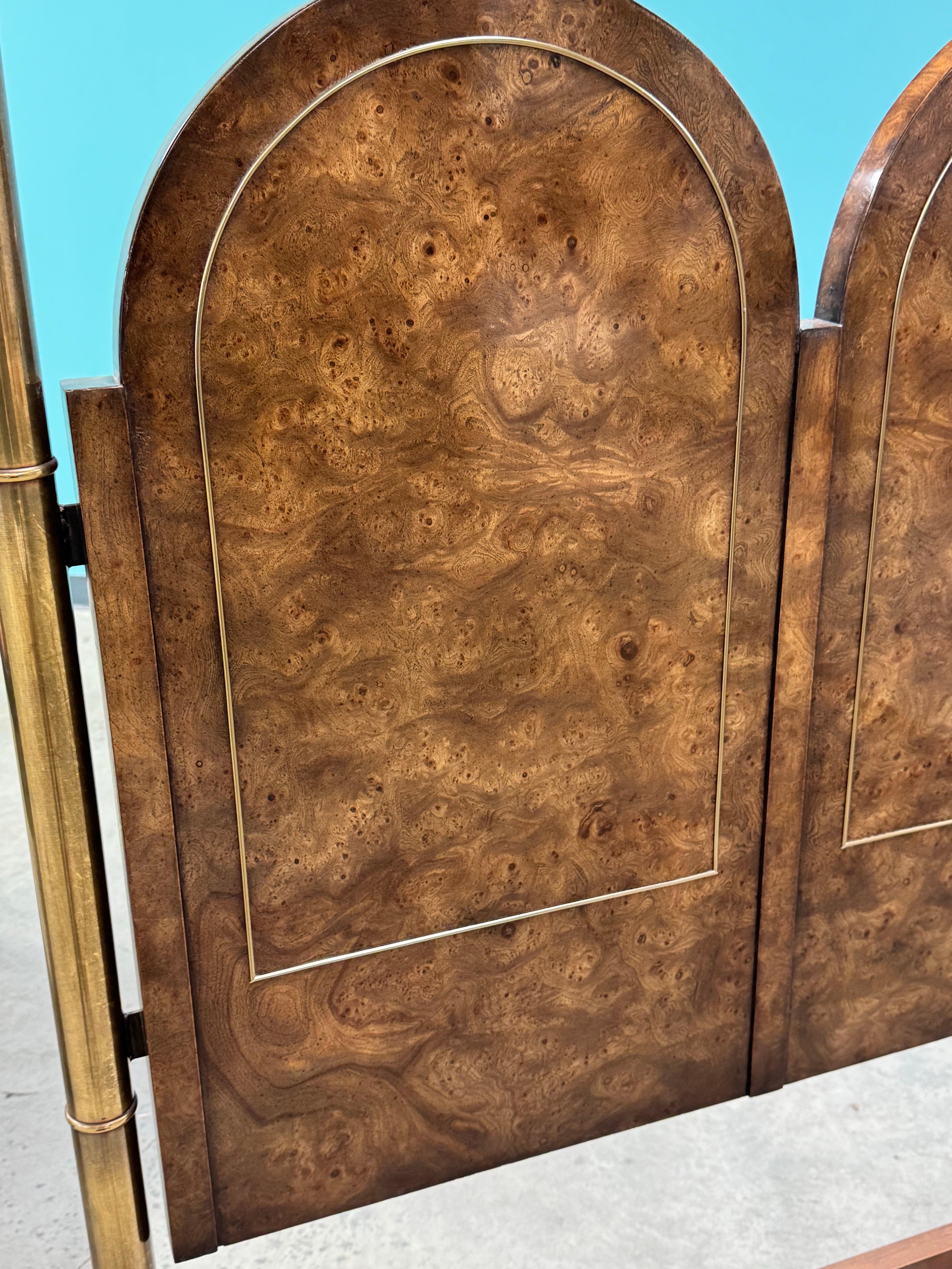 Just a gorgeous example. We have the entire bedroom in stock from the original owner.
Burled Amboyna and Brass queen headboard and frame. Unmarked. 