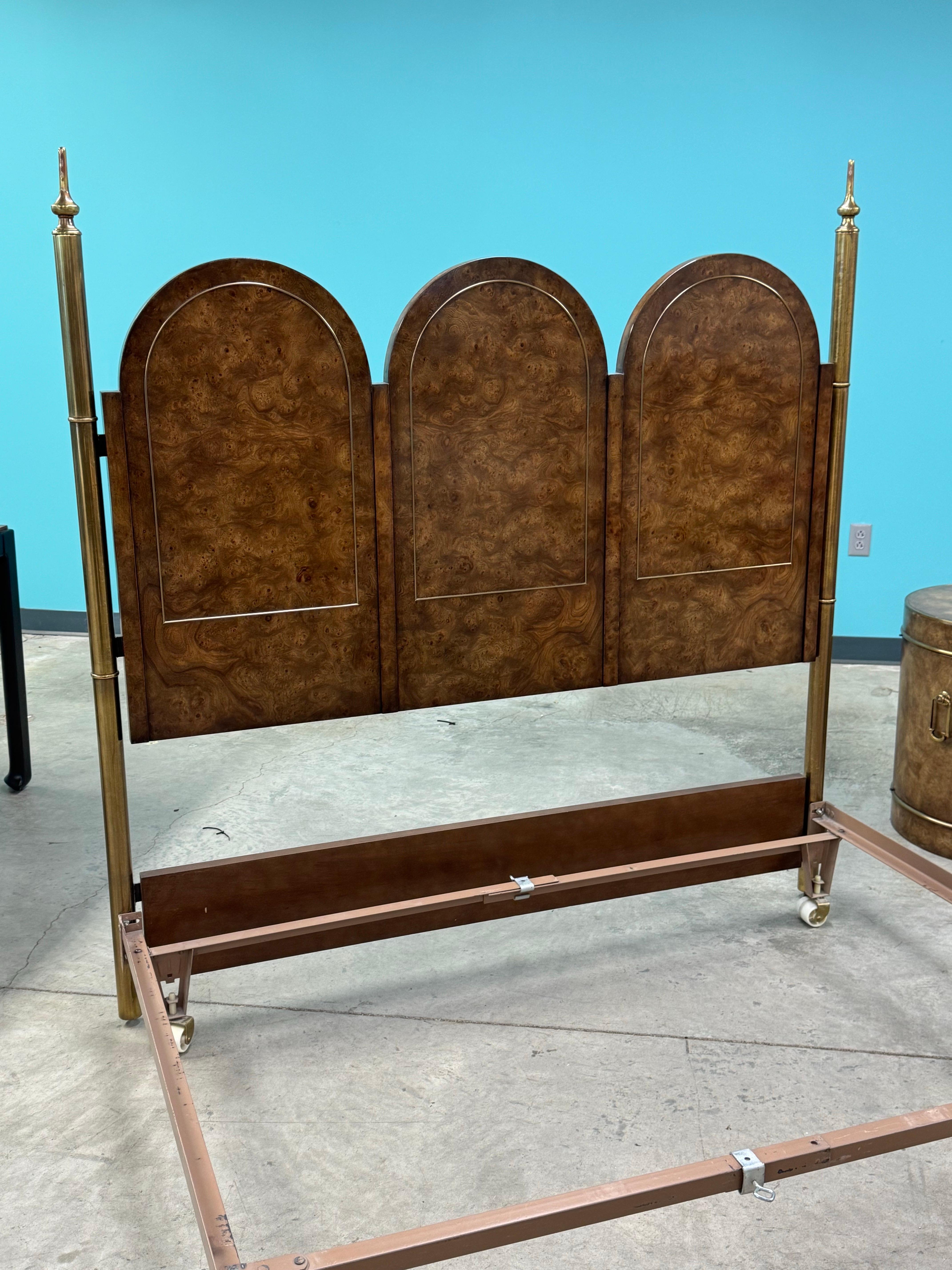 Hollywood Regency Mastercraft Burled Amboyna and Brass Queen Headboard For Sale