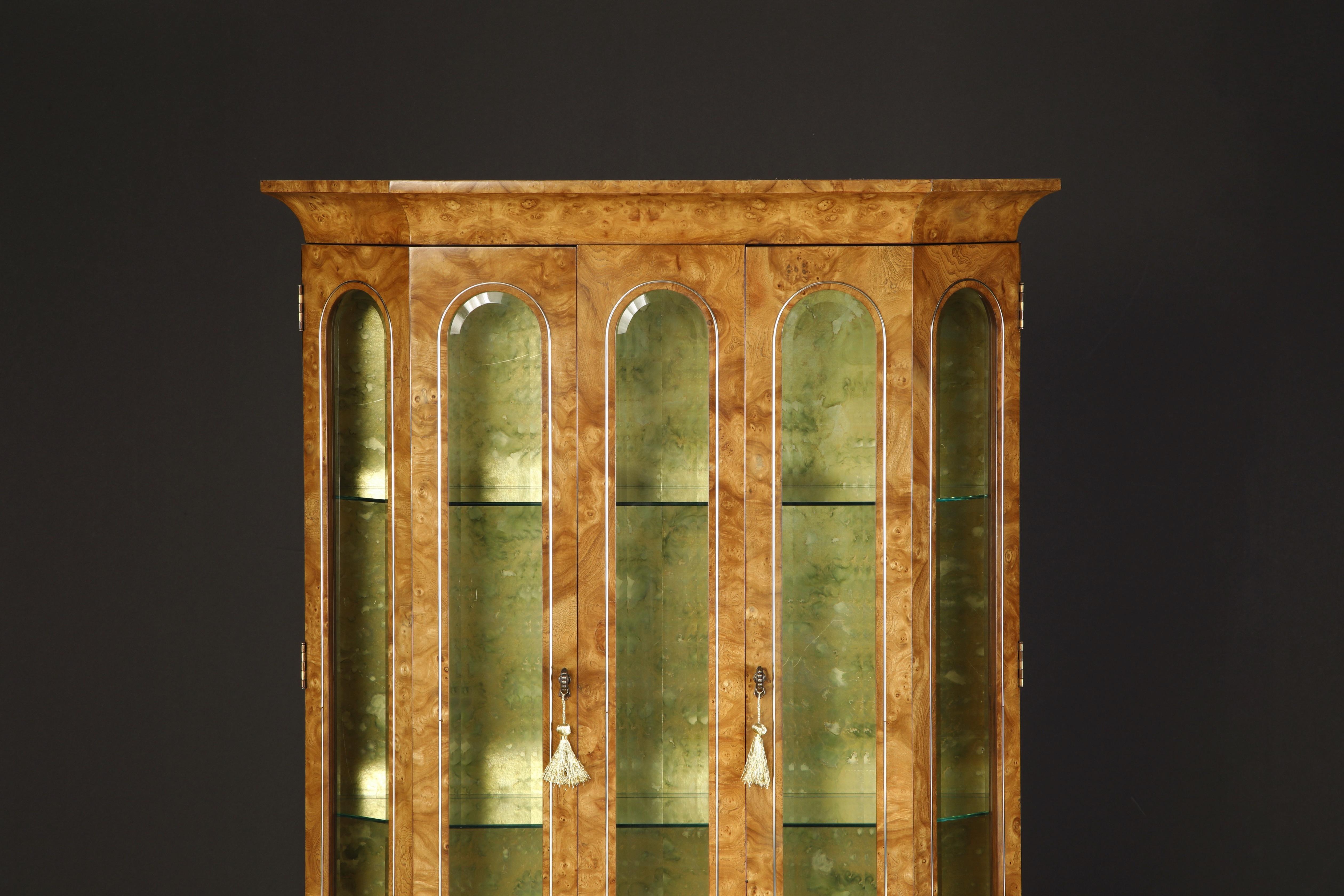Modern Mastercraft Burled Wood, Brass and Glass Illuminated Vitrine Cabinet, 1970s For Sale