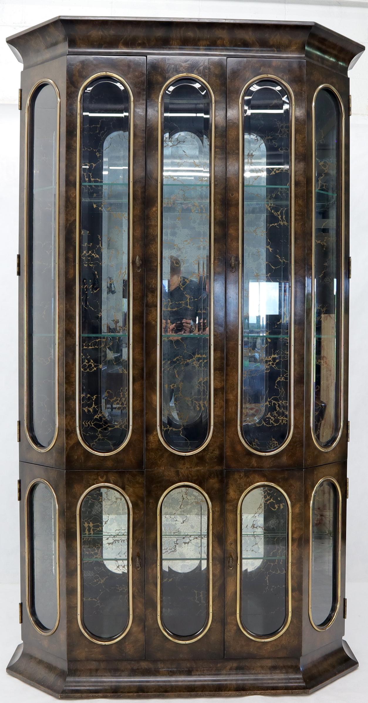 American Mastercraft Burl Wood and Glass Curio Display Cabinet Vitrine Étagère Breakfront For Sale