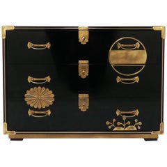 Mastercraft Campaign Style Lacquered Chest with Japanesque Brass Motif Accents