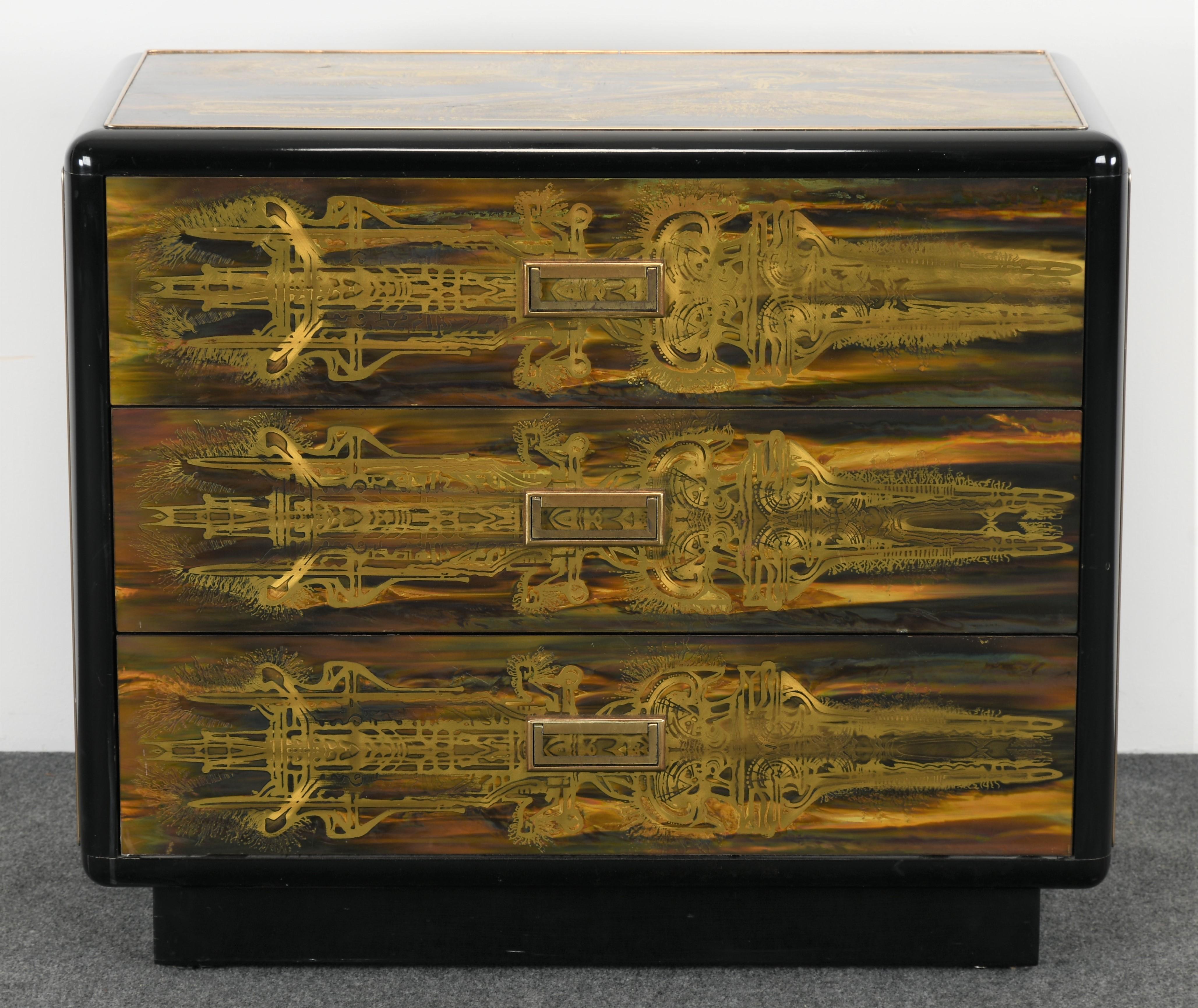 A wonderful Mastercraft chest of drawers by Bernhard Rohne, 1960s. This acid-etched chest can be used almost anywhere because of its great size. It's structurally sound and in very good condition with age-appropriate wear.

Dimensions: 27