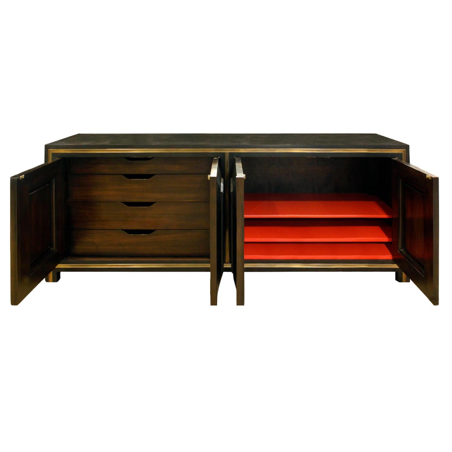 American Mastercraft Chic Credenza in Dark Carpathian Elm and with Brass, 1960s