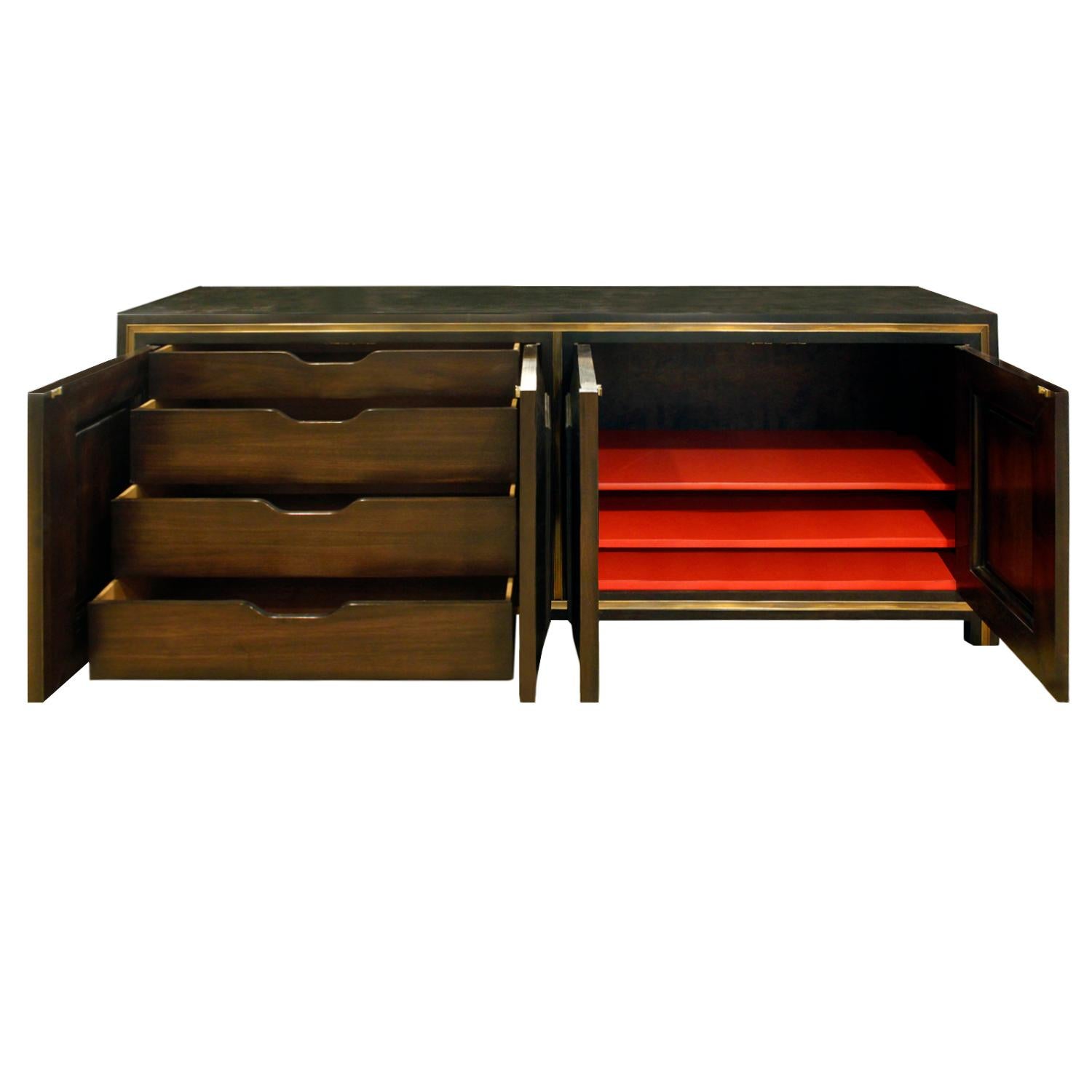Hand-Crafted Mastercraft Chic Credenza in Dark Carpathian Elm and with Brass, 1960s