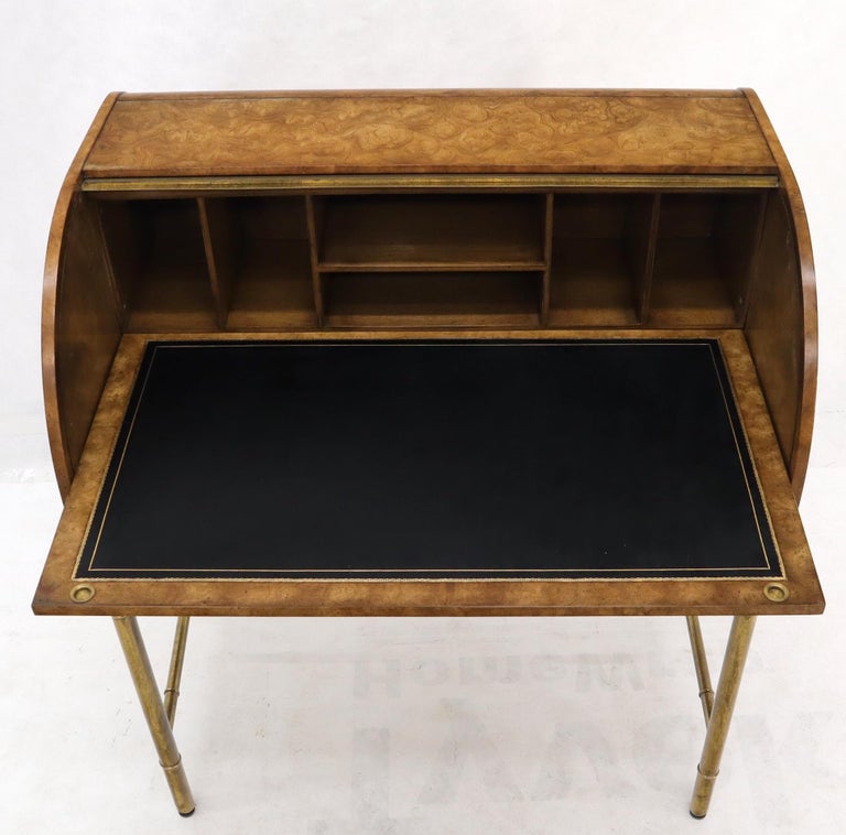 Mid-Century Modern brass cylinder top faux bamboo base legs, embossed black leather pull out top two drawers desk writing table by Mastercaft.