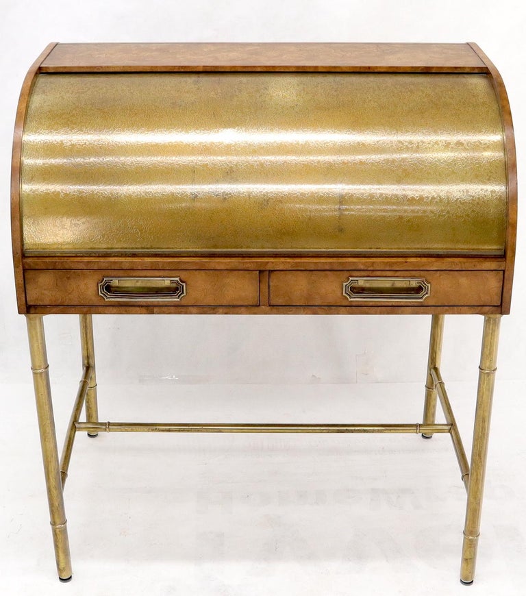 Mid-Century Modern Mastercraft Compact Brass Cylinder Roll Top Desk Writing Table For Sale