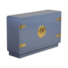 Vintage Mastercraft Console Cabinet in Soft Blue Lacquer and Brass
