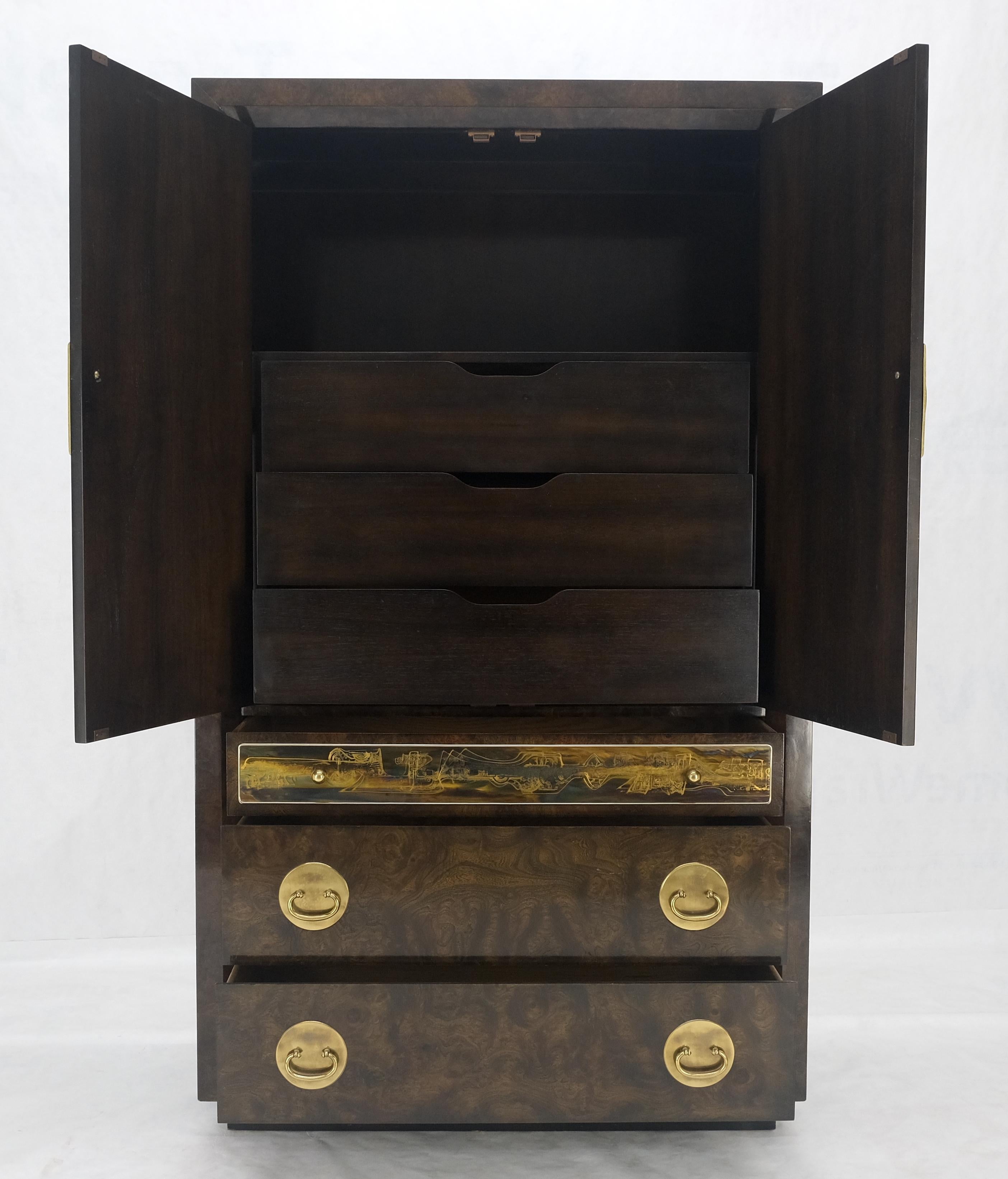 20th Century Mastercraft Dark Olive Burl Wood Brass Hardware Large Gentelmens Chest Dresser  For Sale