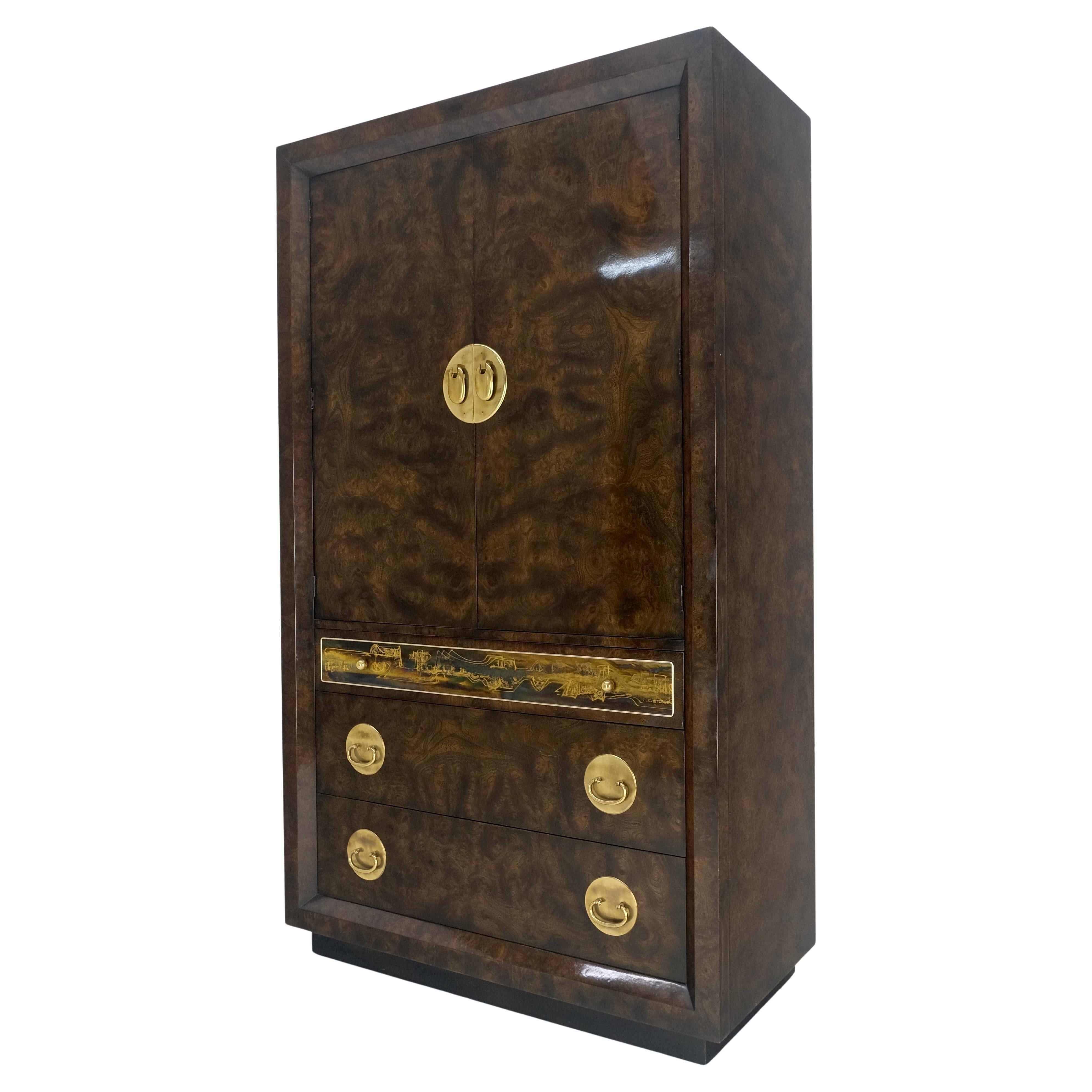 Mastercraft Dark Olive Burl Wood Brass Hardware Large Gentelmens Chest Dresser  For Sale