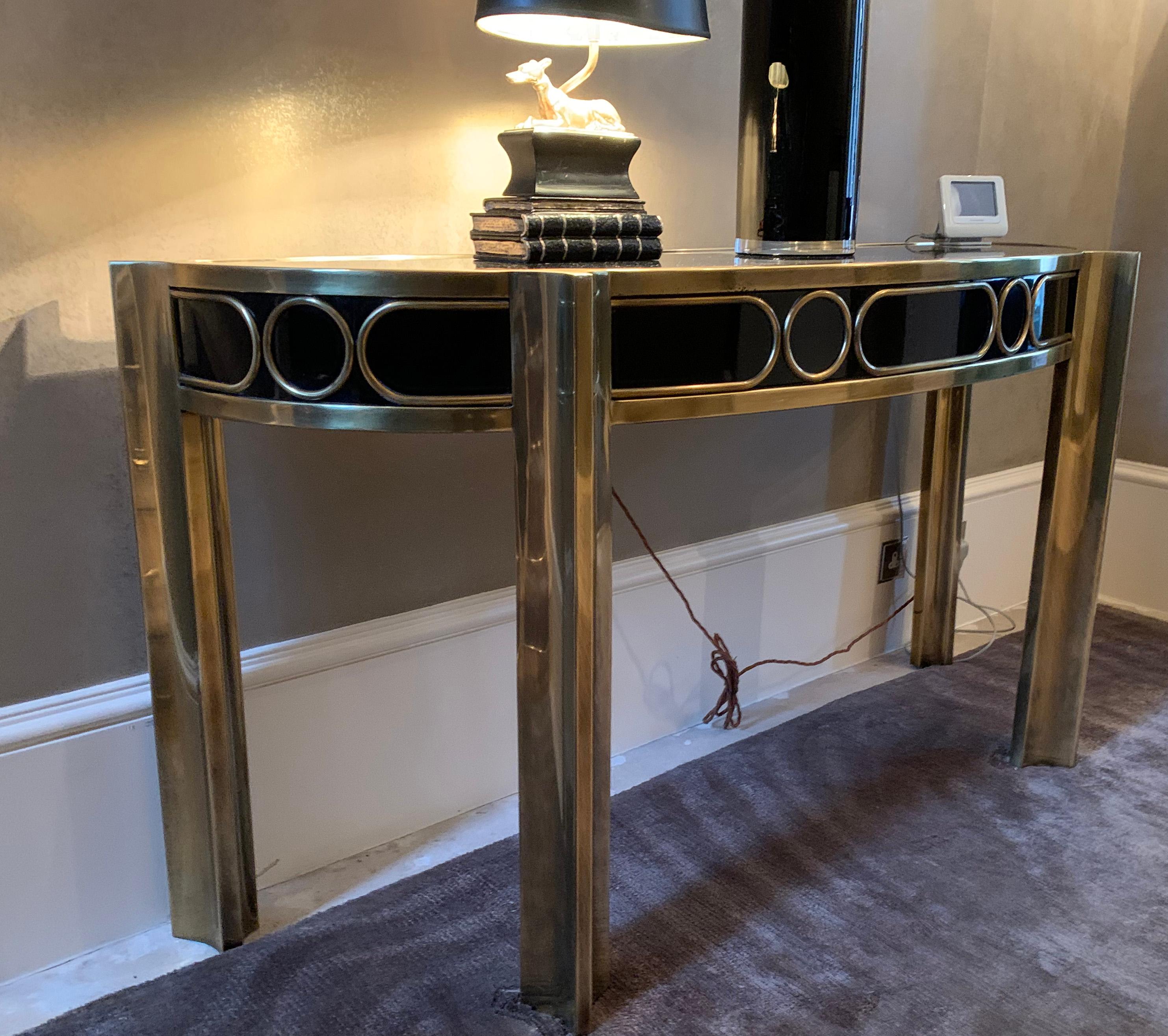 Post-Modern Mastercraft Demilune Brass and Black Lacquer Console Table from 1970s