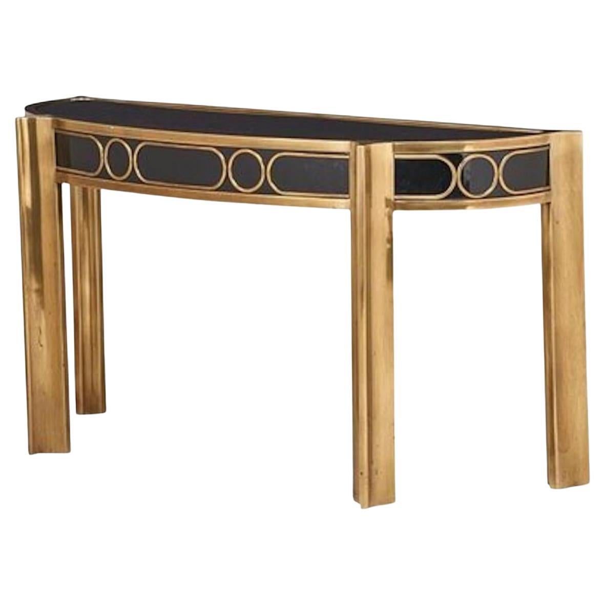 Mastercraft Demilune Brass and Black Lacquer Console Table from 1970s