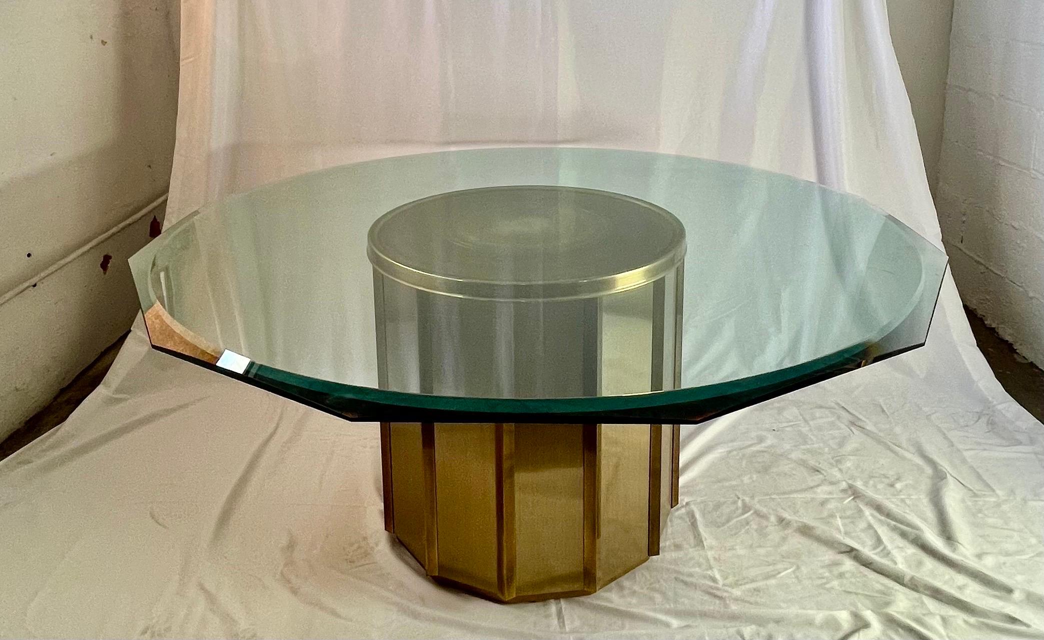 Mid-Century Modern Mastercraft Dining Table Brass Drum Beveled Glass For Sale