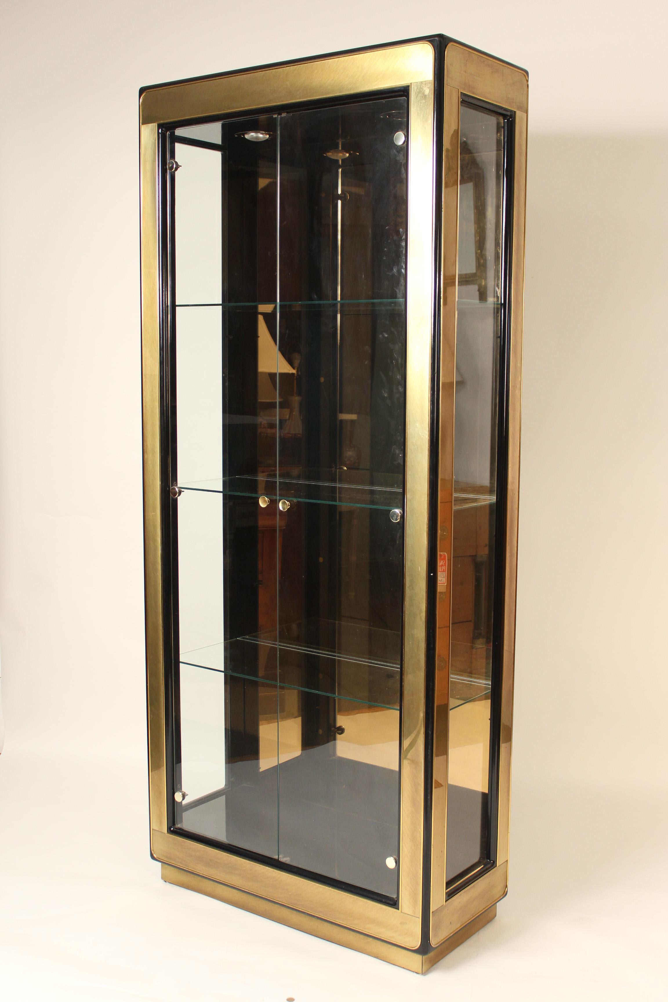 Mid-Century Modern Mastercraft brass, lacquer and glass display cabinet, circa 1990.