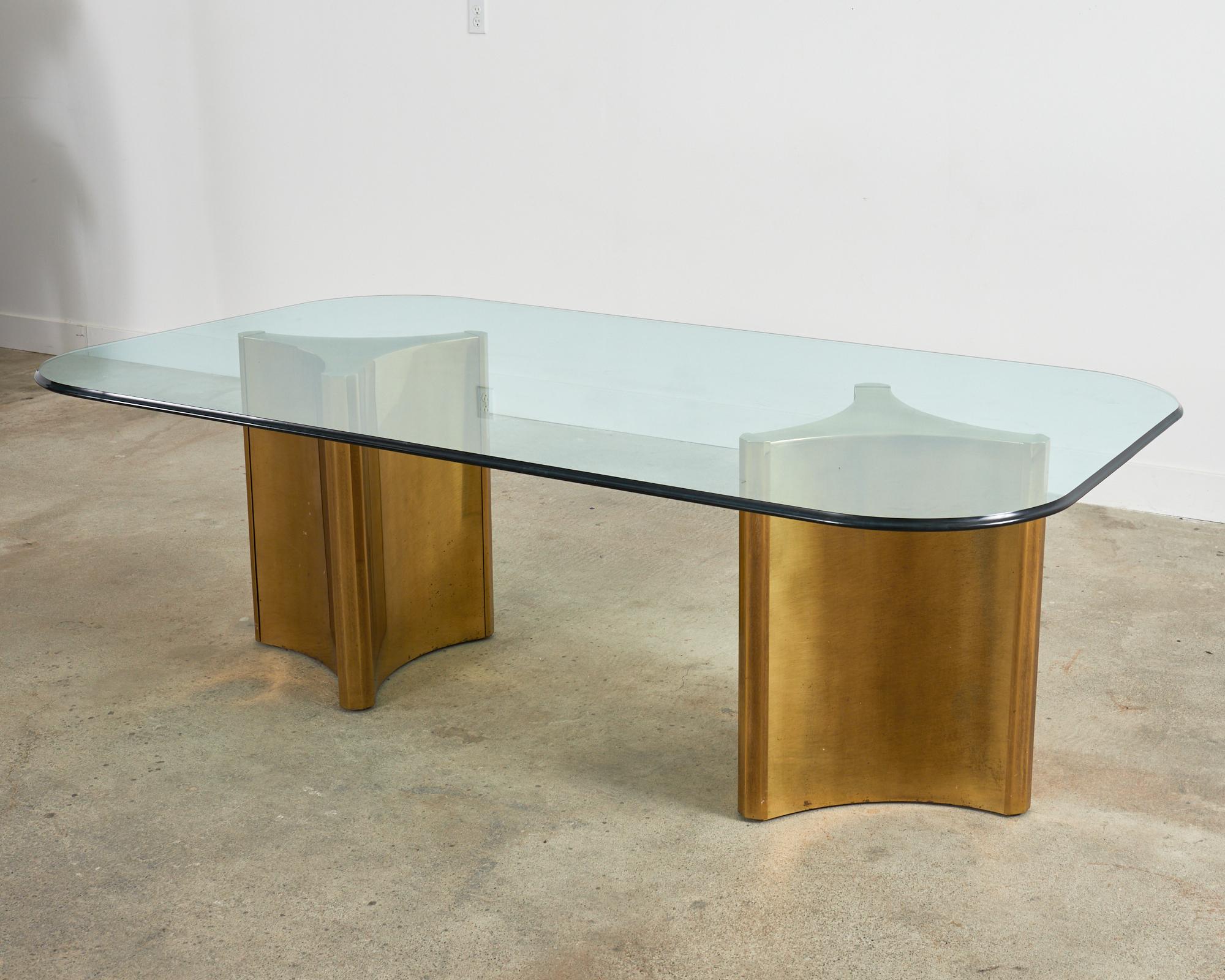 Polished Mastercraft Double Pedestal Brass Trilobi Dining Table For Sale