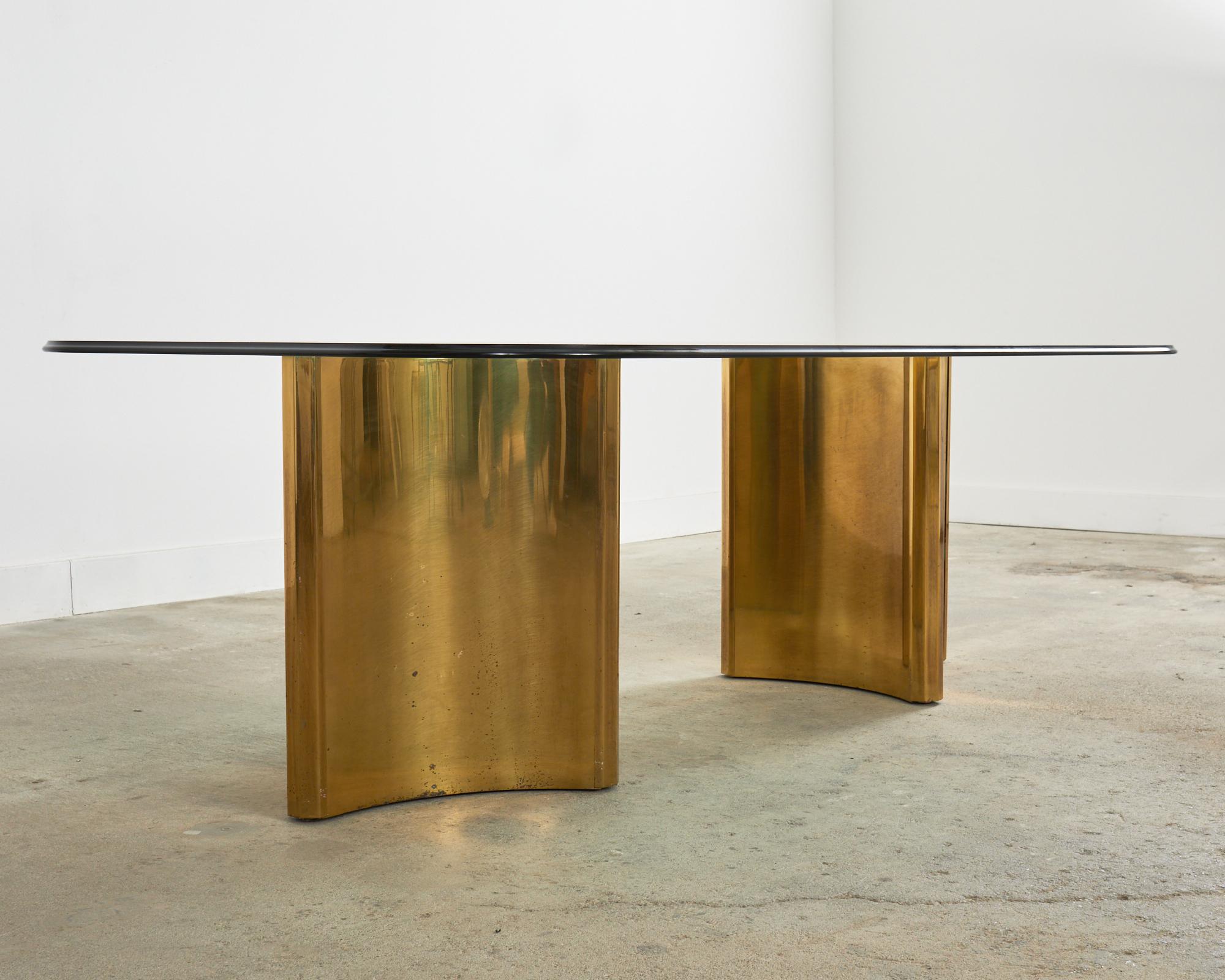 20th Century Mastercraft Double Pedestal Brass Trilobi Dining Table For Sale