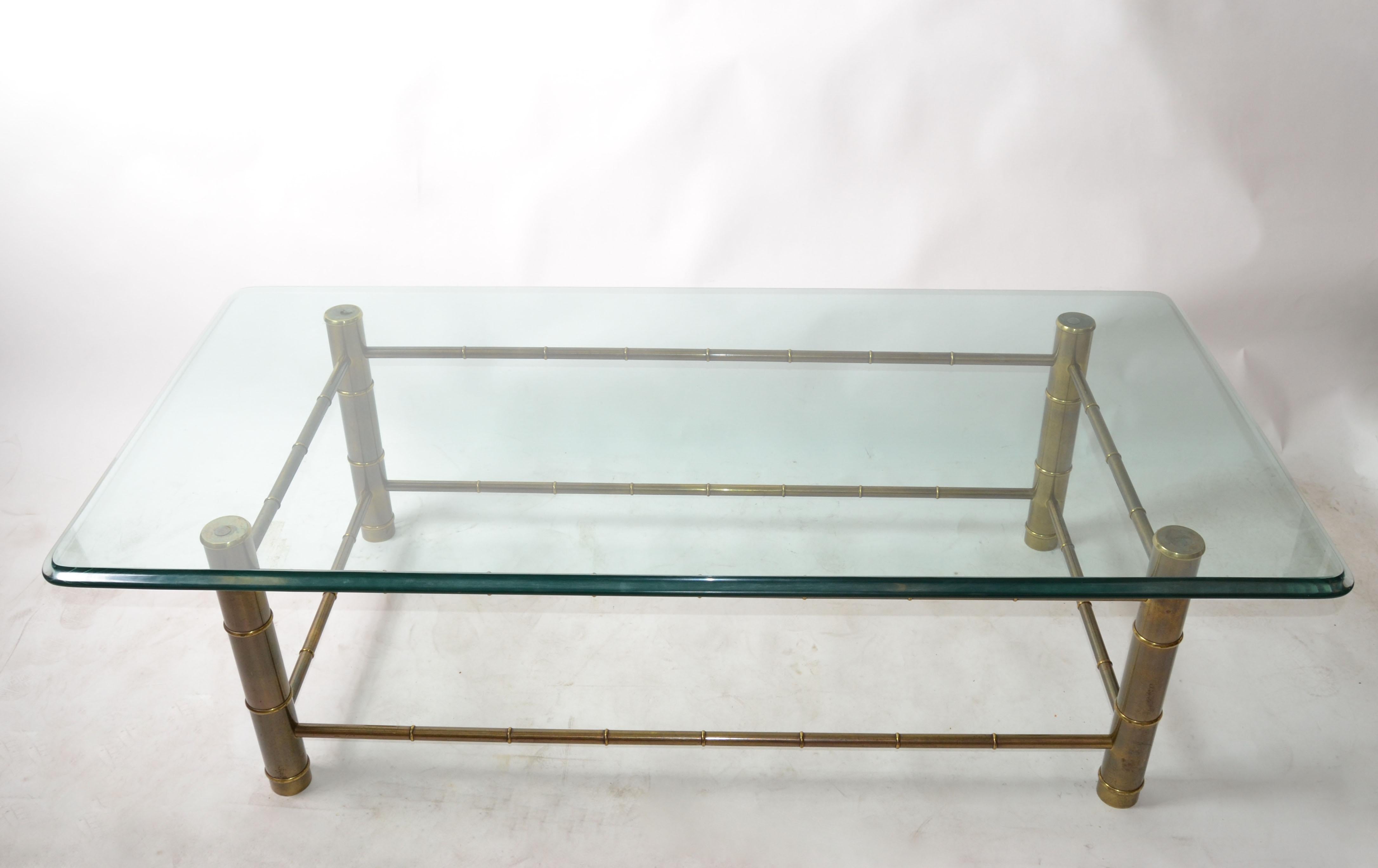 Mastercraft Faux Bamboo Brass & Tinted Beveled Rectangular Glass Coffee Table For Sale 5