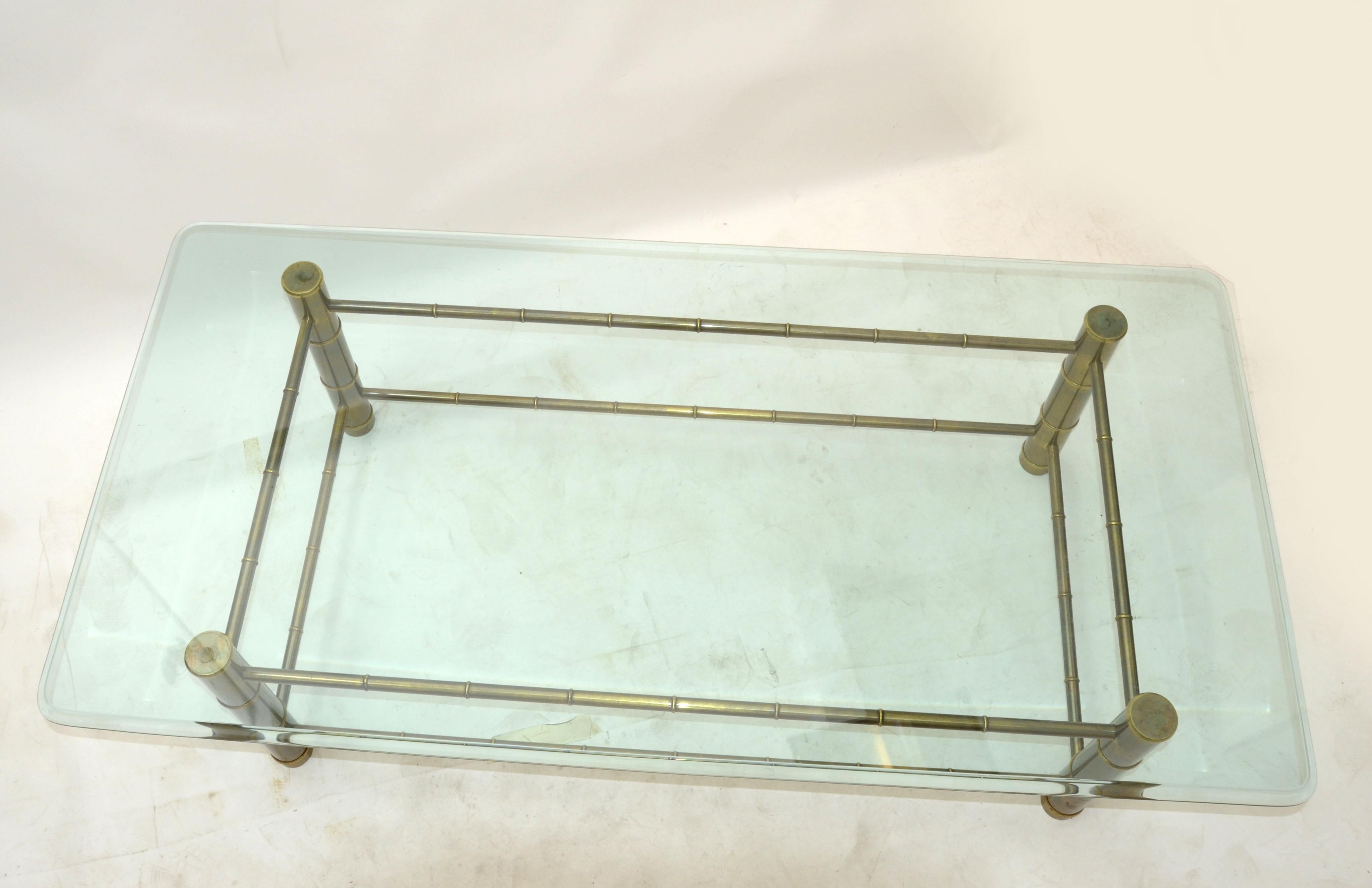 Mid-Century Modern Mastercraft Faux Bamboo Brass & Tinted Beveled Rectangular Glass Coffee Table For Sale