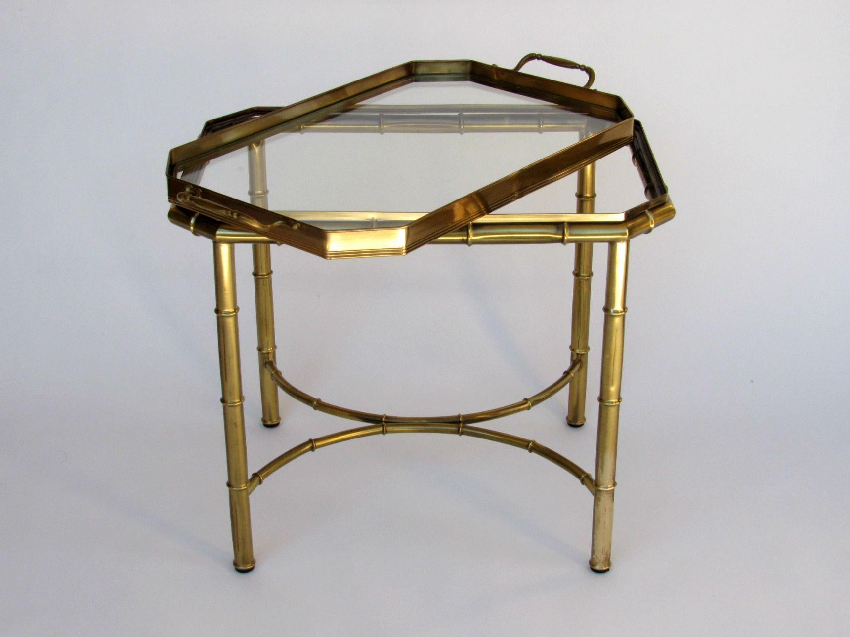 Mastercraft Faux Bamboo Tray Table in Antique Brass, USA, 1960-70s.  This stylish Mastercraft  table has a removable tray top that make serving an ease.  In very good original condition with a lovely patina.

