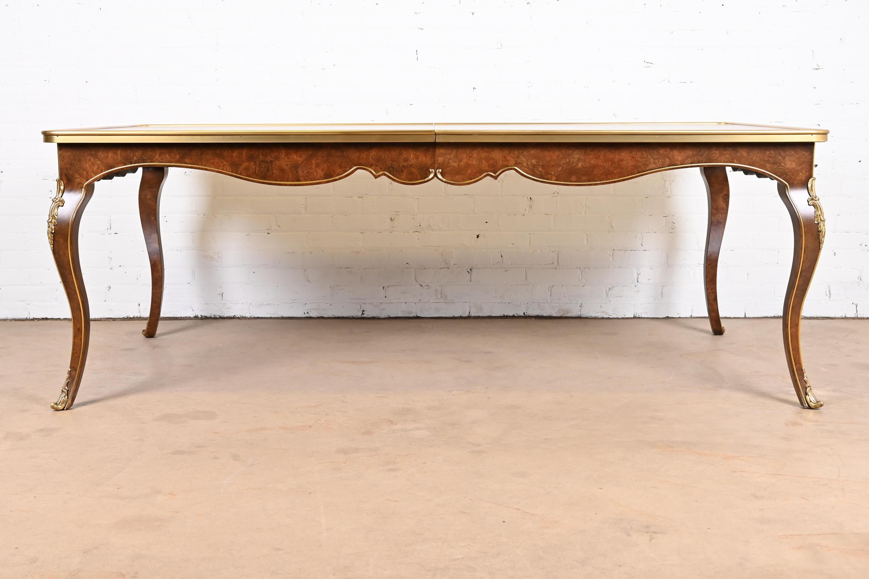 Late 20th Century Mastercraft French Louis XV Burl Wood and Brass Extension Dining Table, 1970s For Sale