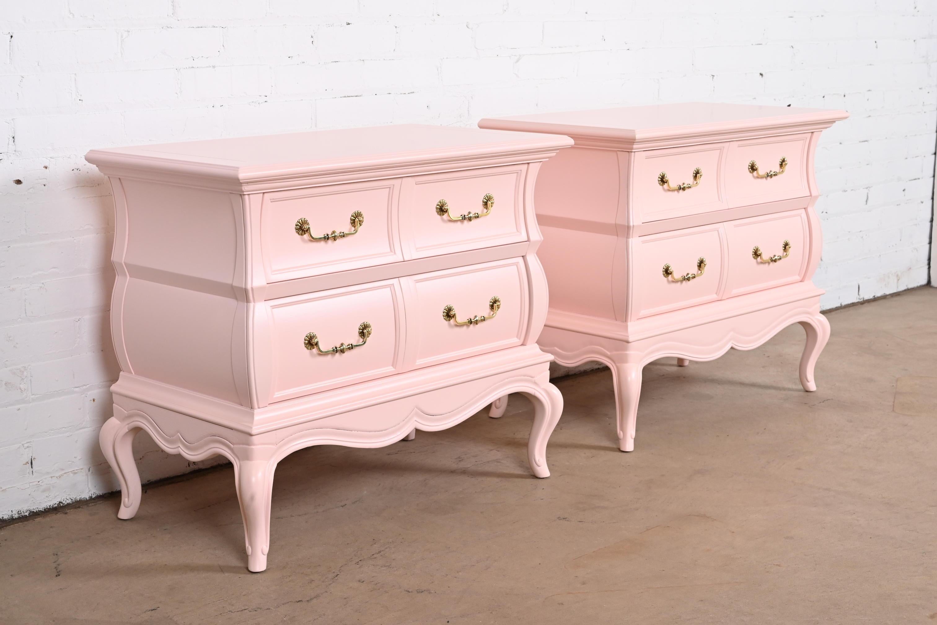 American Mastercraft French Provincial Louis XV Pink Lacquered Nightstands, Refinished For Sale