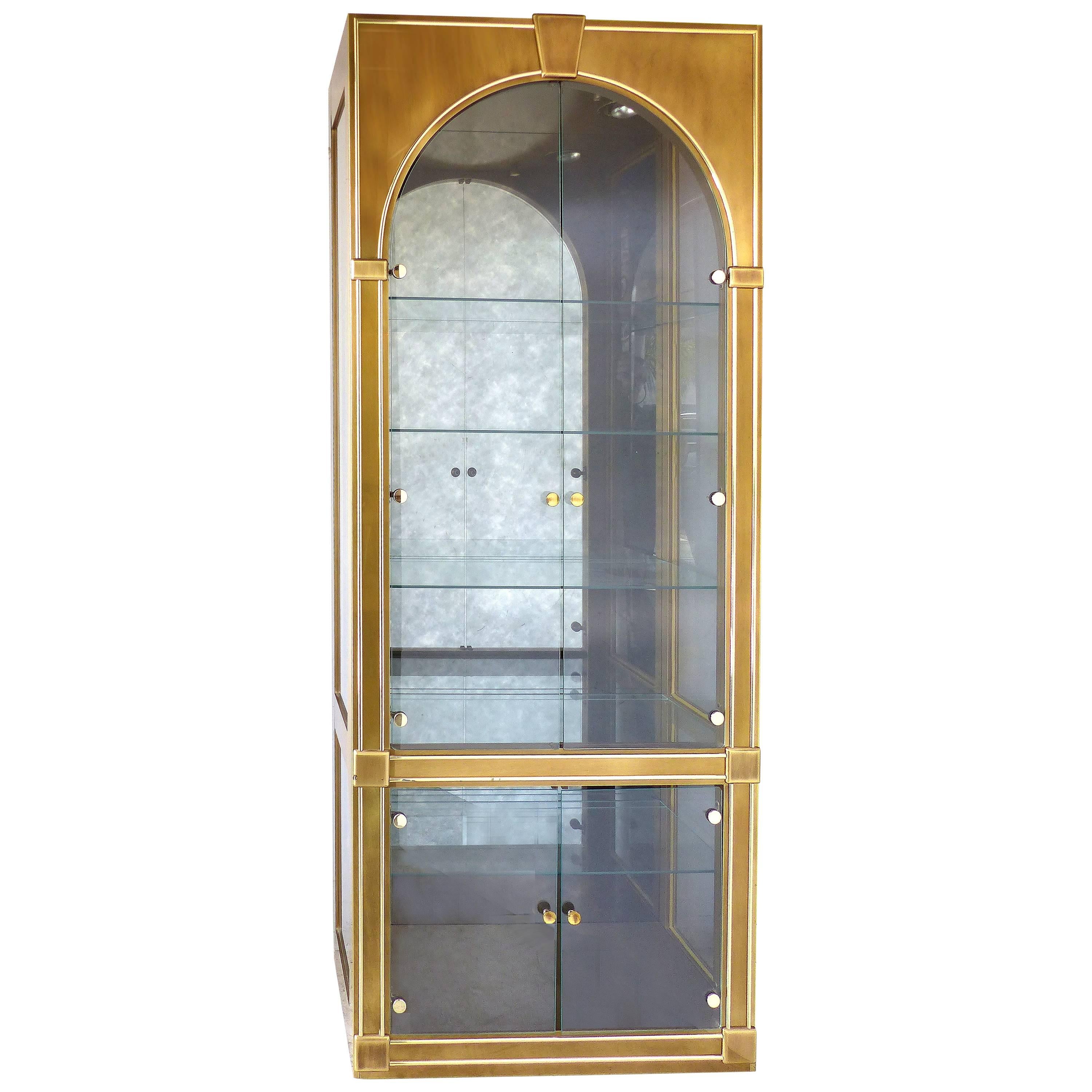 Mastercraft Furniture Brass & Glass Cabinet with Domed Glass Doors & Aged Mirror
