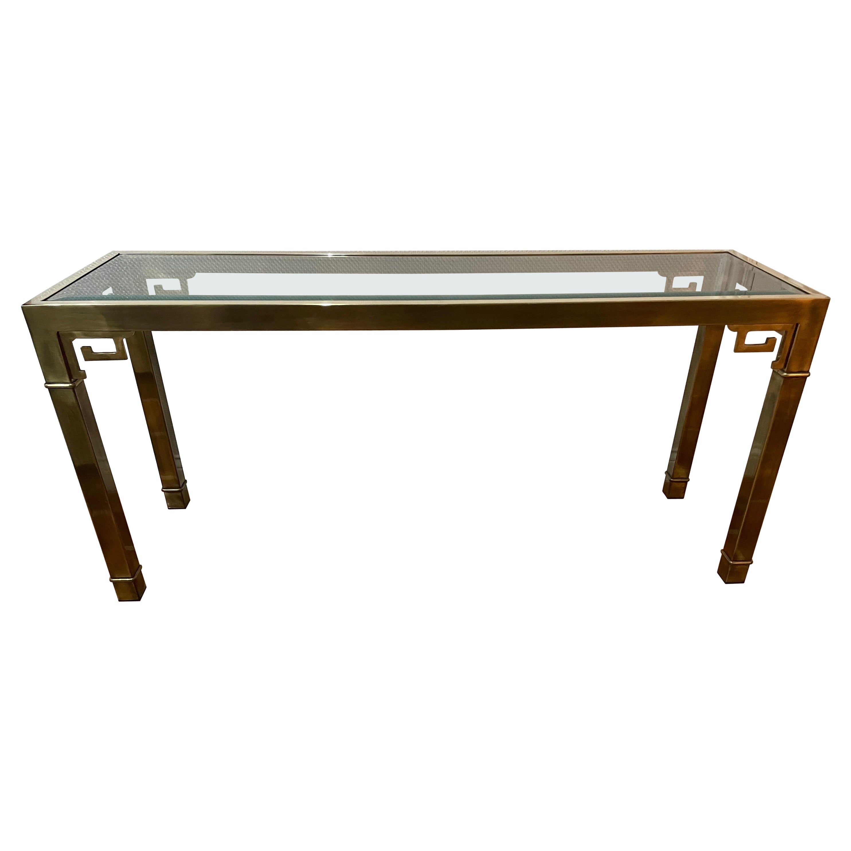 Mastercraft Greek Key Brass and Glass Console Table