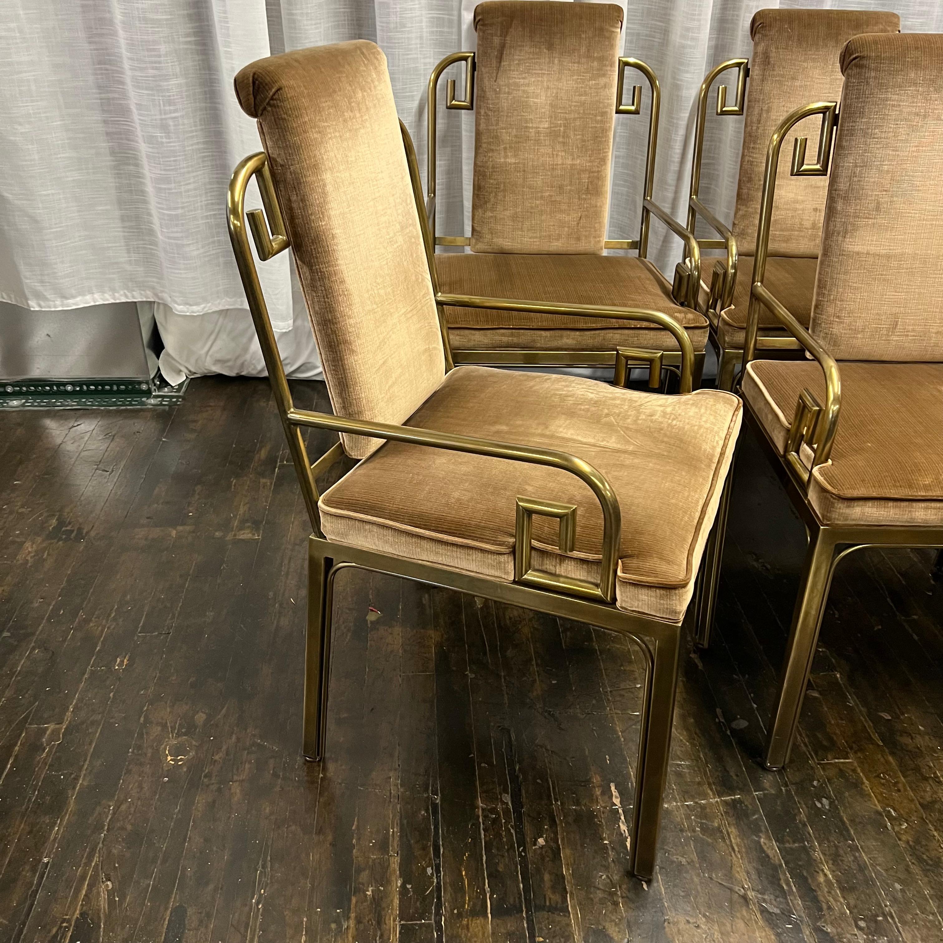 Hollywood Regency Mastercraft Brass Dining Chairs with Velvet Upholstery, Set 7 4