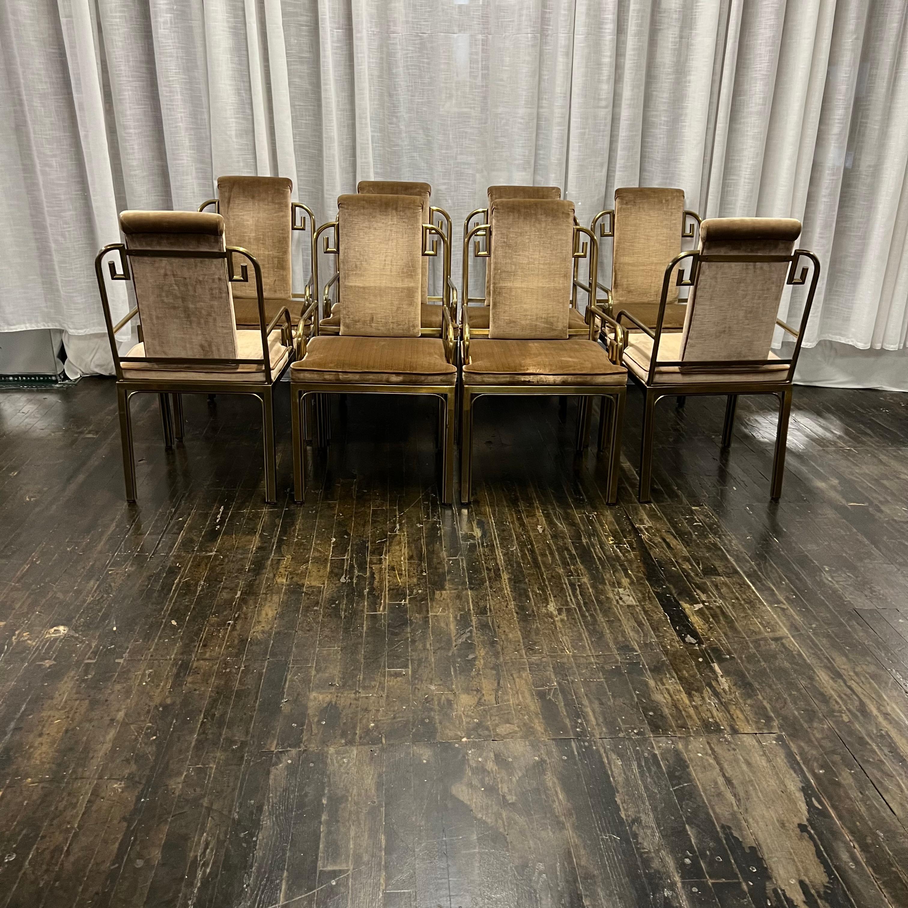 Set of 7 Mastercraft Hollywood Regency style Greek Key dining chairs with arms designed by Bernhard Rohne.  These chairs are from a North Shore estate.  They have a lovely patina and their velvet upholstery is best described as a cross between a