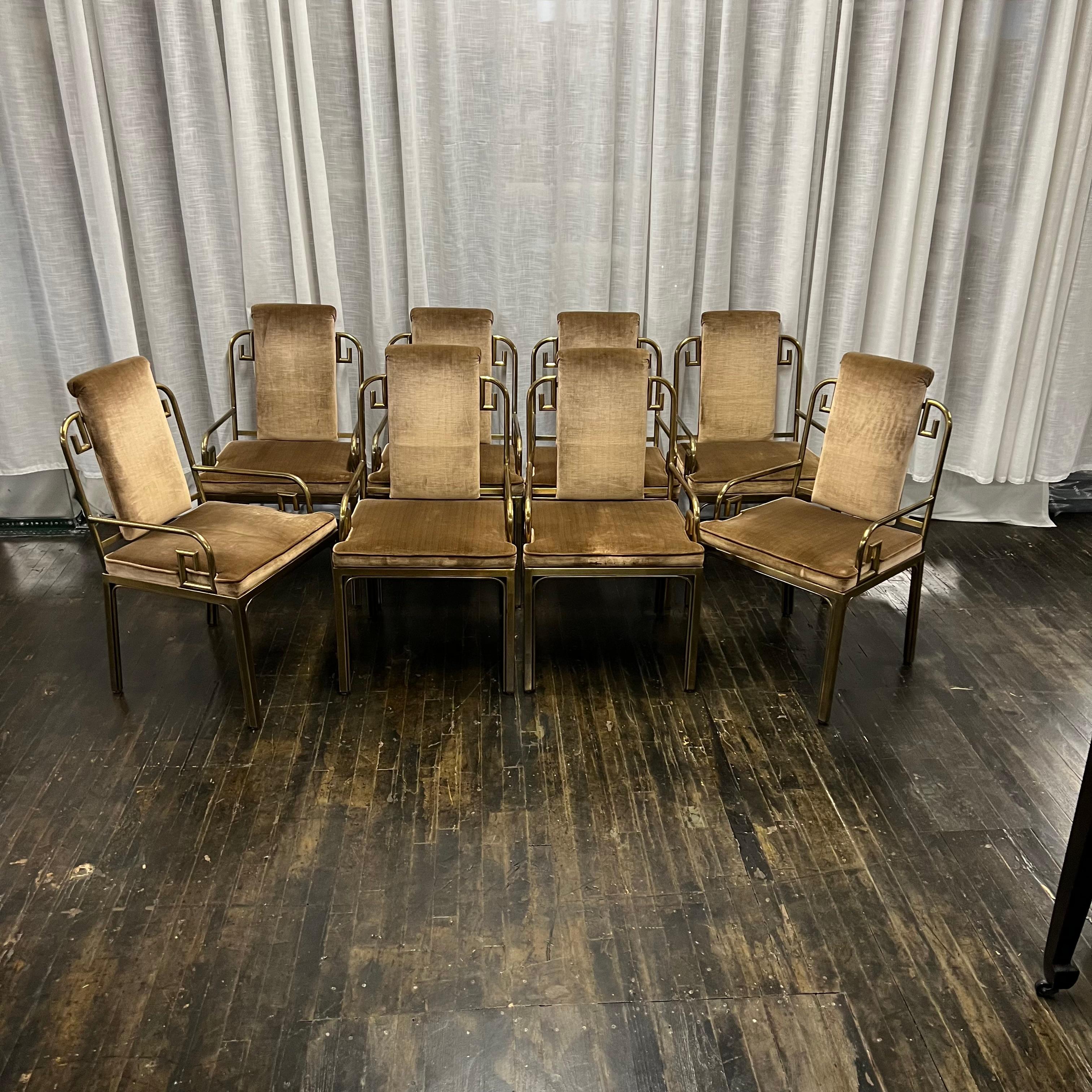 Polished Hollywood Regency Mastercraft Brass Dining Chairs with Velvet Upholstery, Set 7