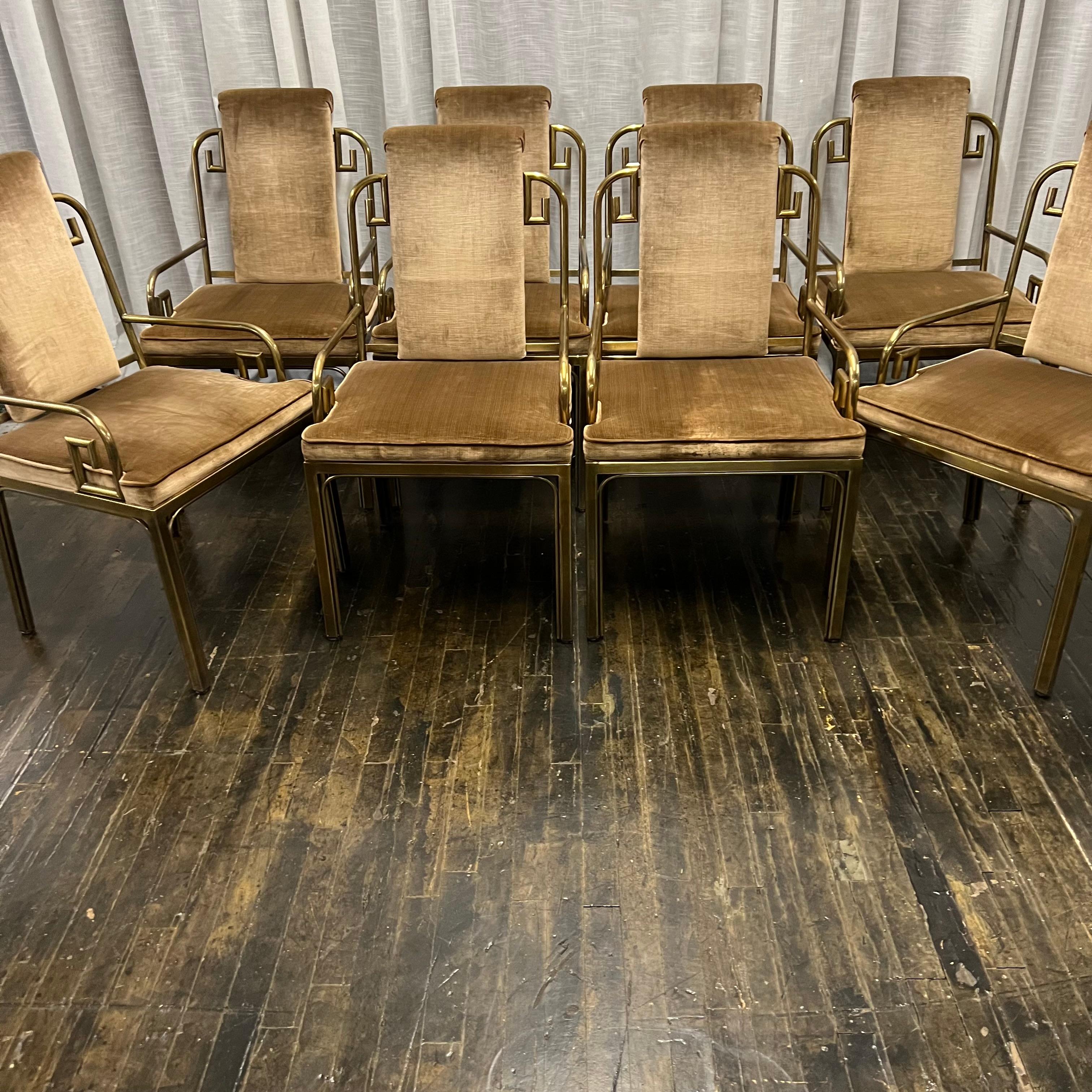 Hollywood Regency Mastercraft Brass Dining Chairs with Velvet Upholstery, Set 7 In Good Condition In Chicago, IL