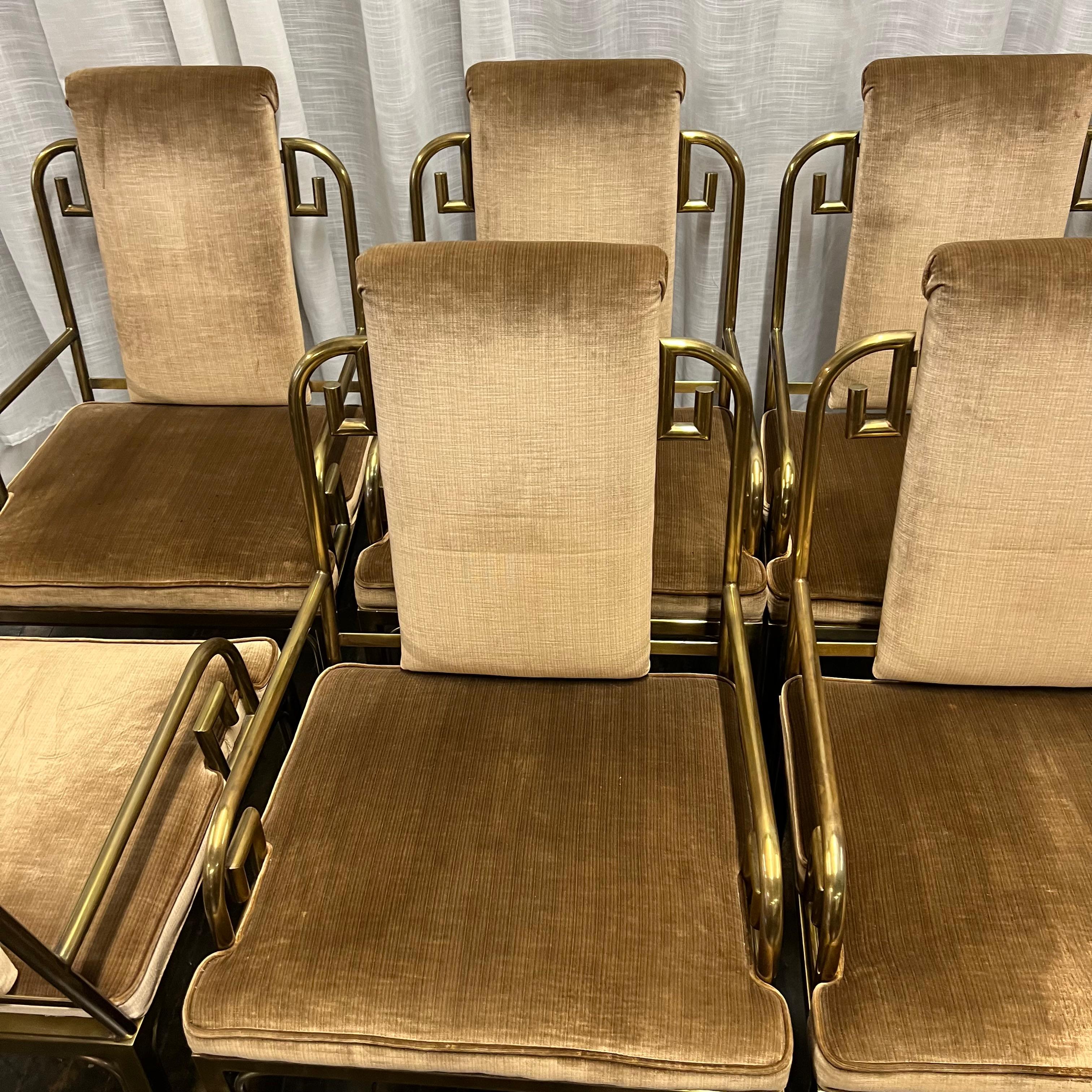 20th Century Hollywood Regency Mastercraft Brass Dining Chairs with Velvet Upholstery, Set 7