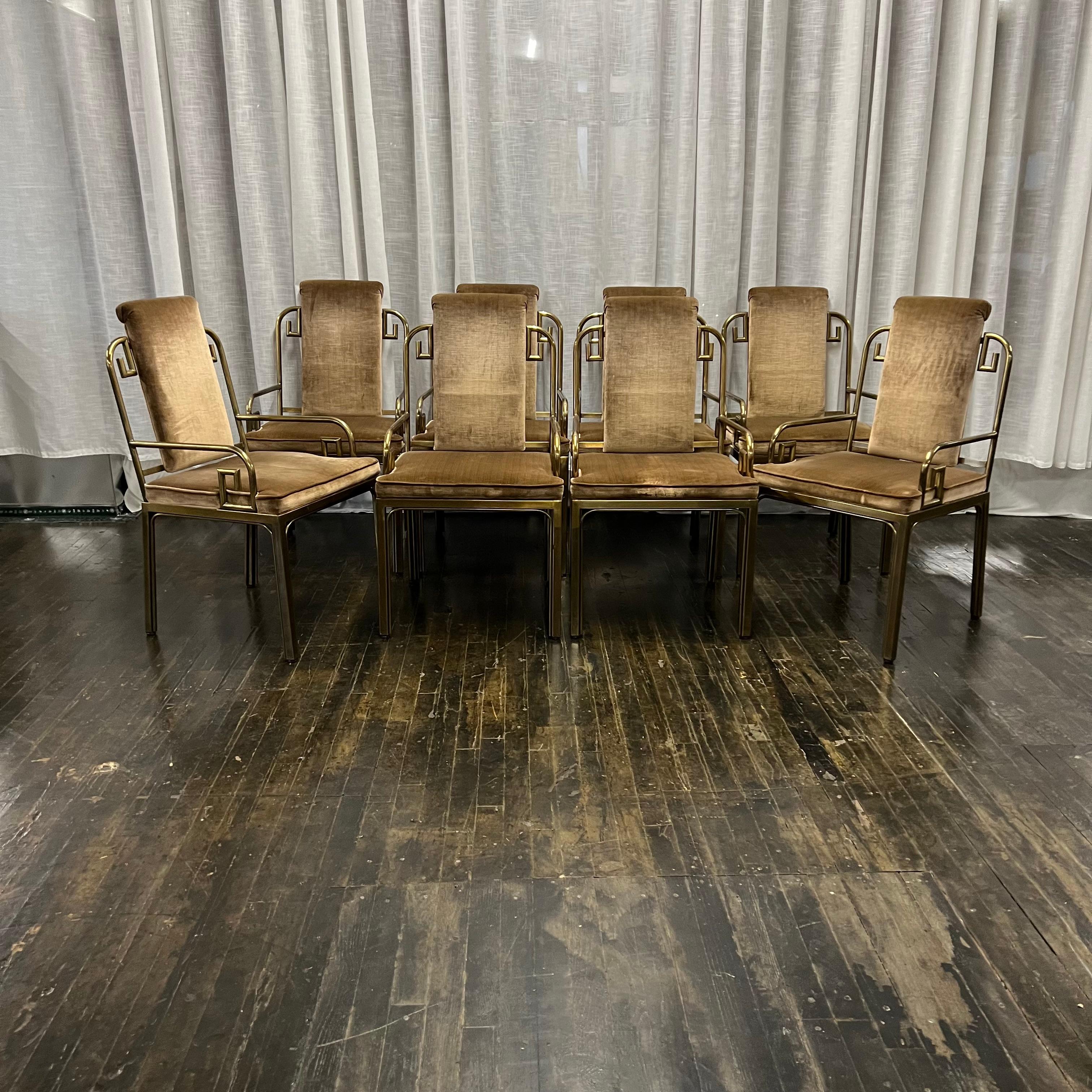 Hollywood Regency Mastercraft Brass Dining Chairs with Velvet Upholstery, Set 7 1