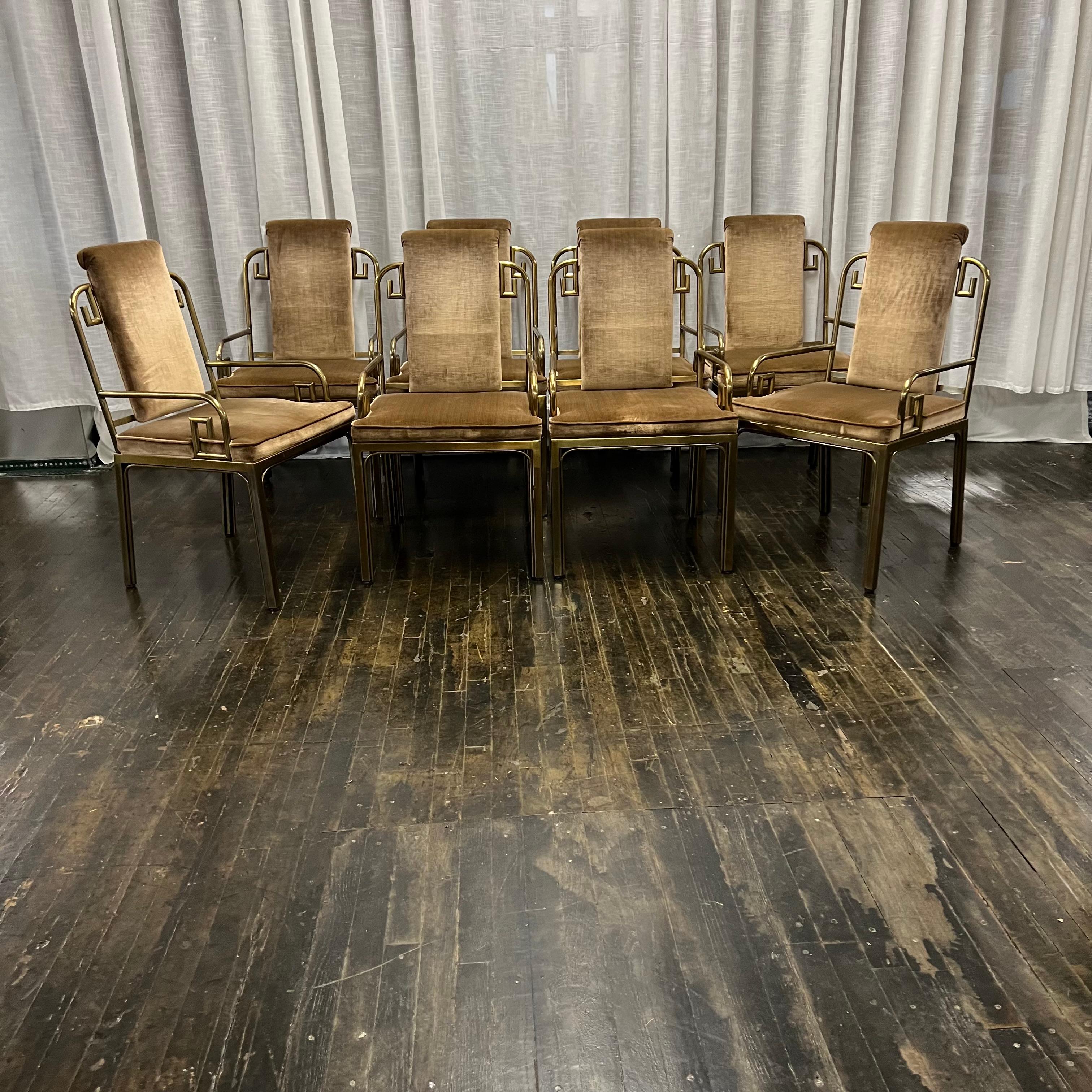 Hollywood Regency Mastercraft Brass Dining Chairs with Velvet Upholstery, Set 7 2