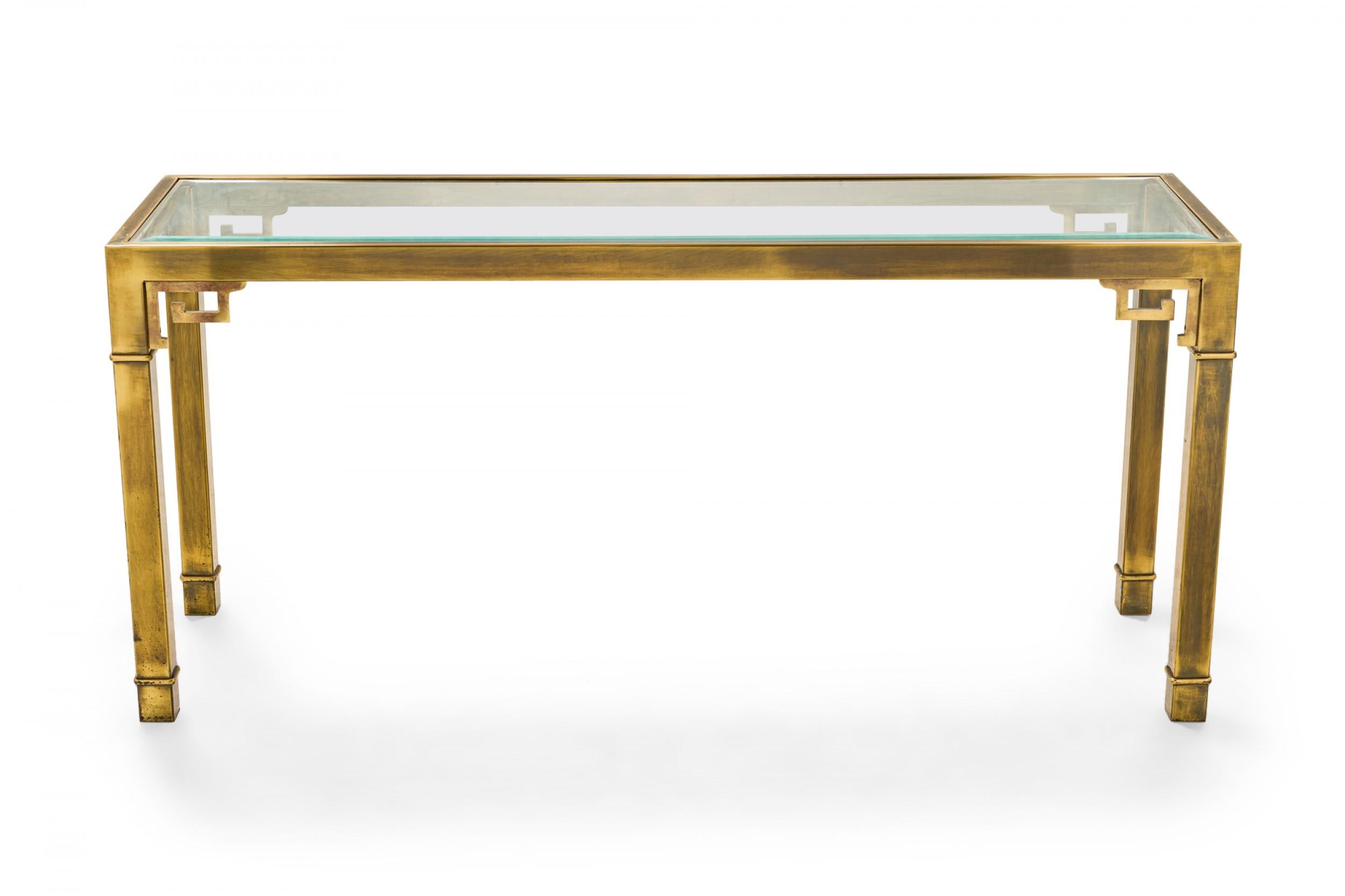 Mid-Century Modern Mastercraft Greek Key Design Antiqued Brass and Glass Console Table For Sale