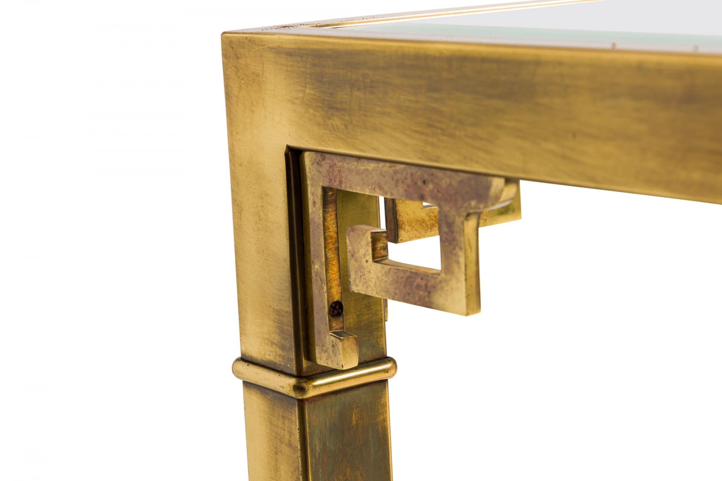 Mastercraft Greek Key Design Antiqued Brass and Glass Console Table In Good Condition For Sale In New York, NY
