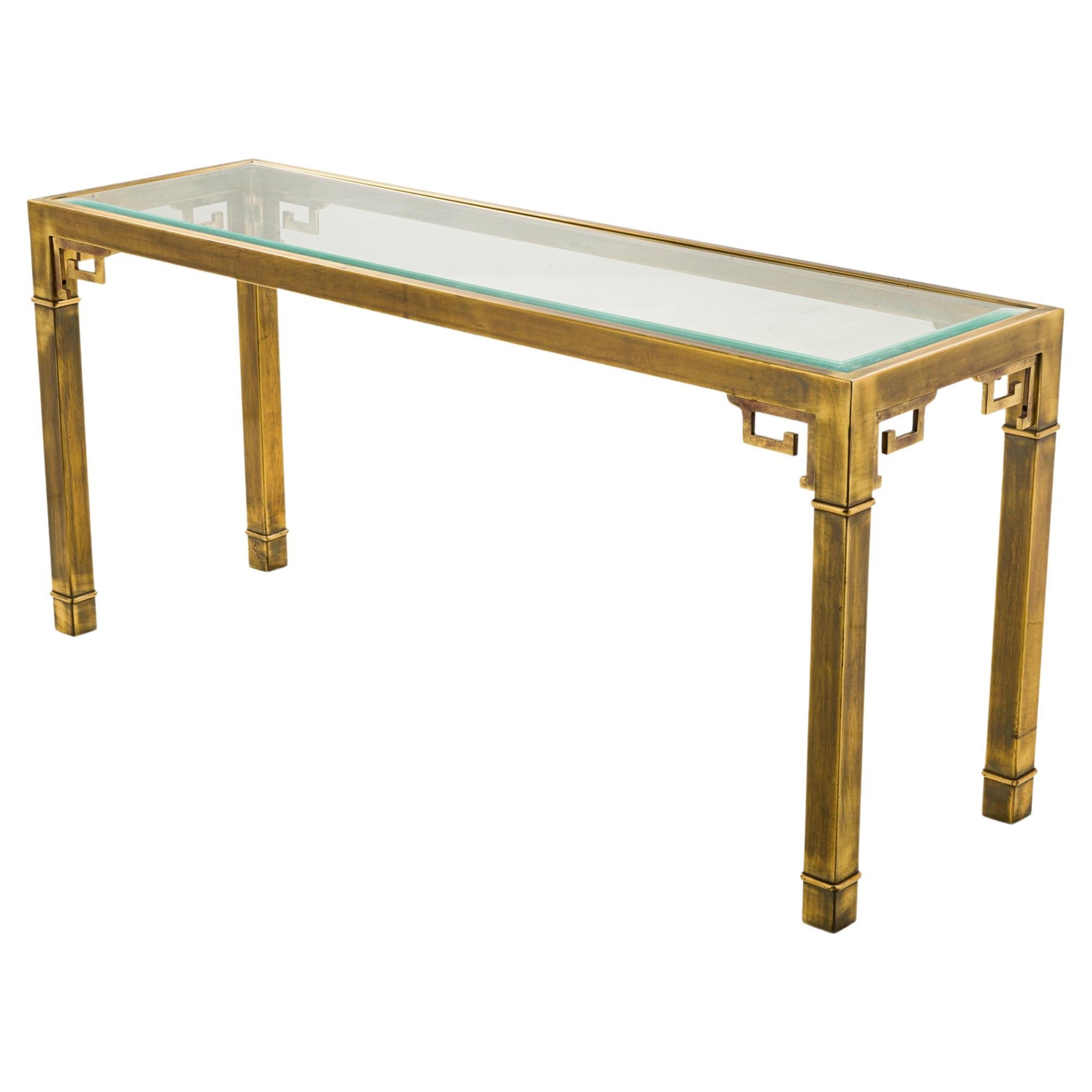 Mastercraft Greek Key Design Antiqued Brass and Glass Console Table For Sale
