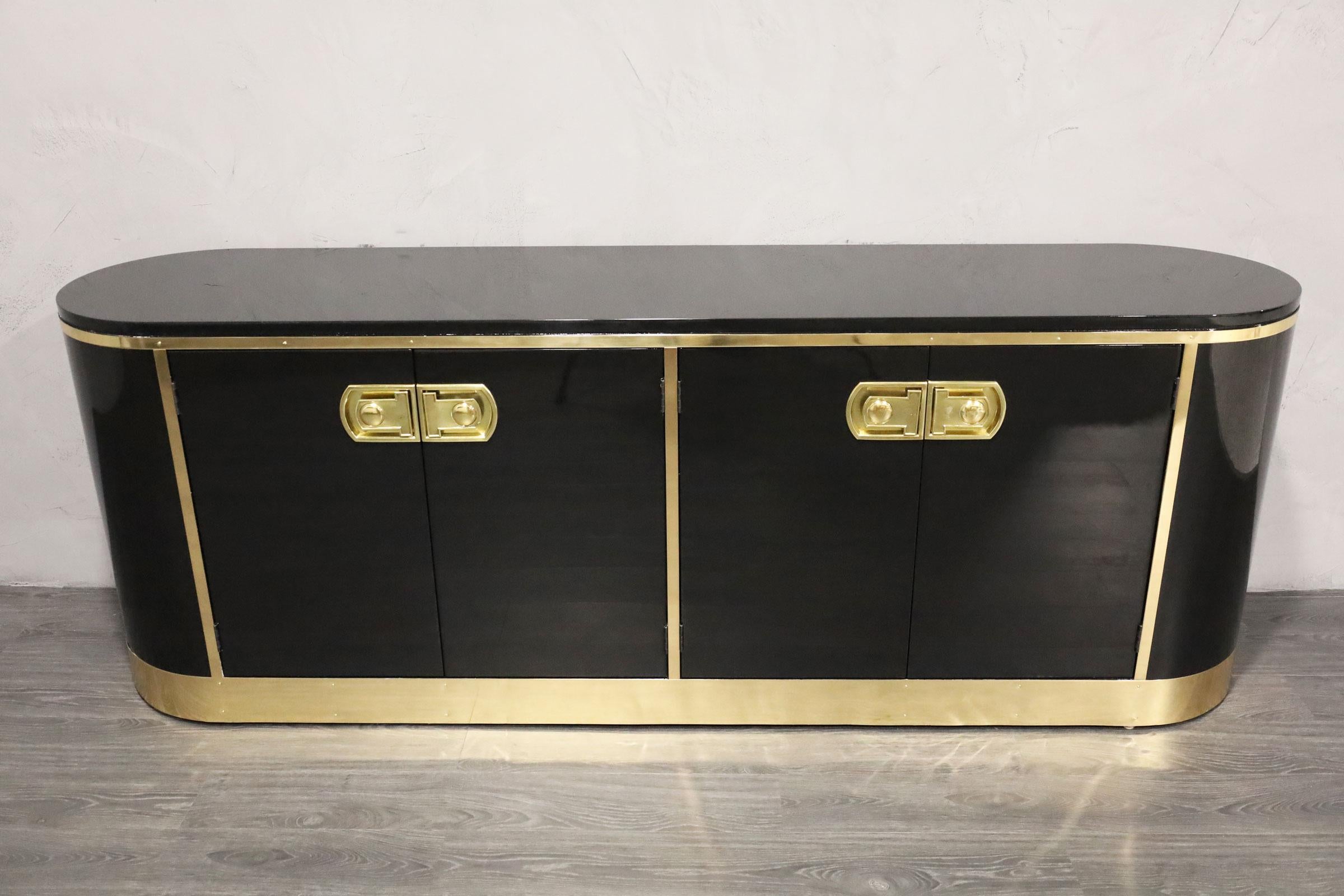 Mid-Century Modern Mastercraft High Gloss Black Laquer and Brass Sideboard, 1970s For Sale