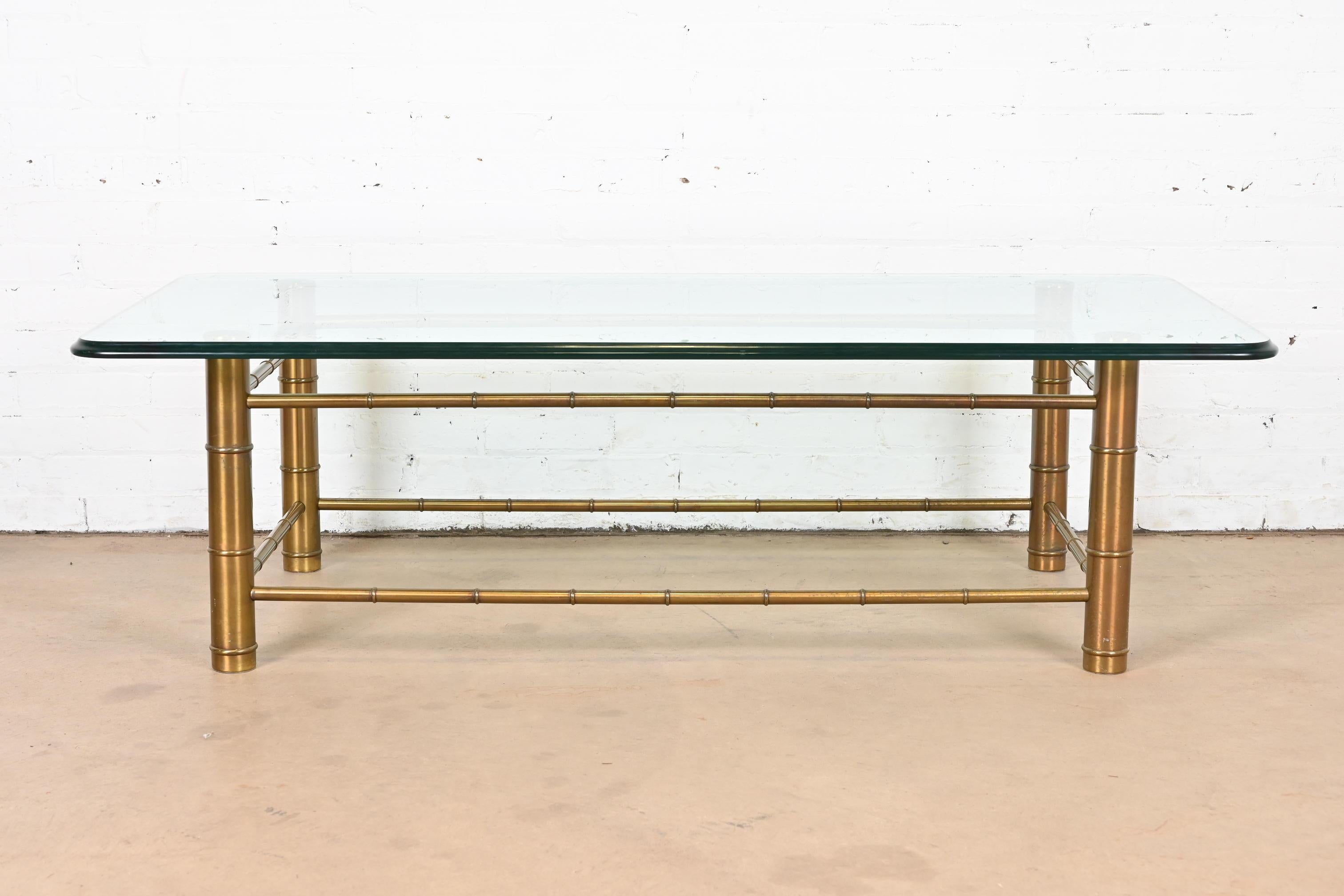 Mid-Century Modern Mastercraft Hollywood Regency Bamboo Form Brass and Glass Cocktail Table, 1970s For Sale