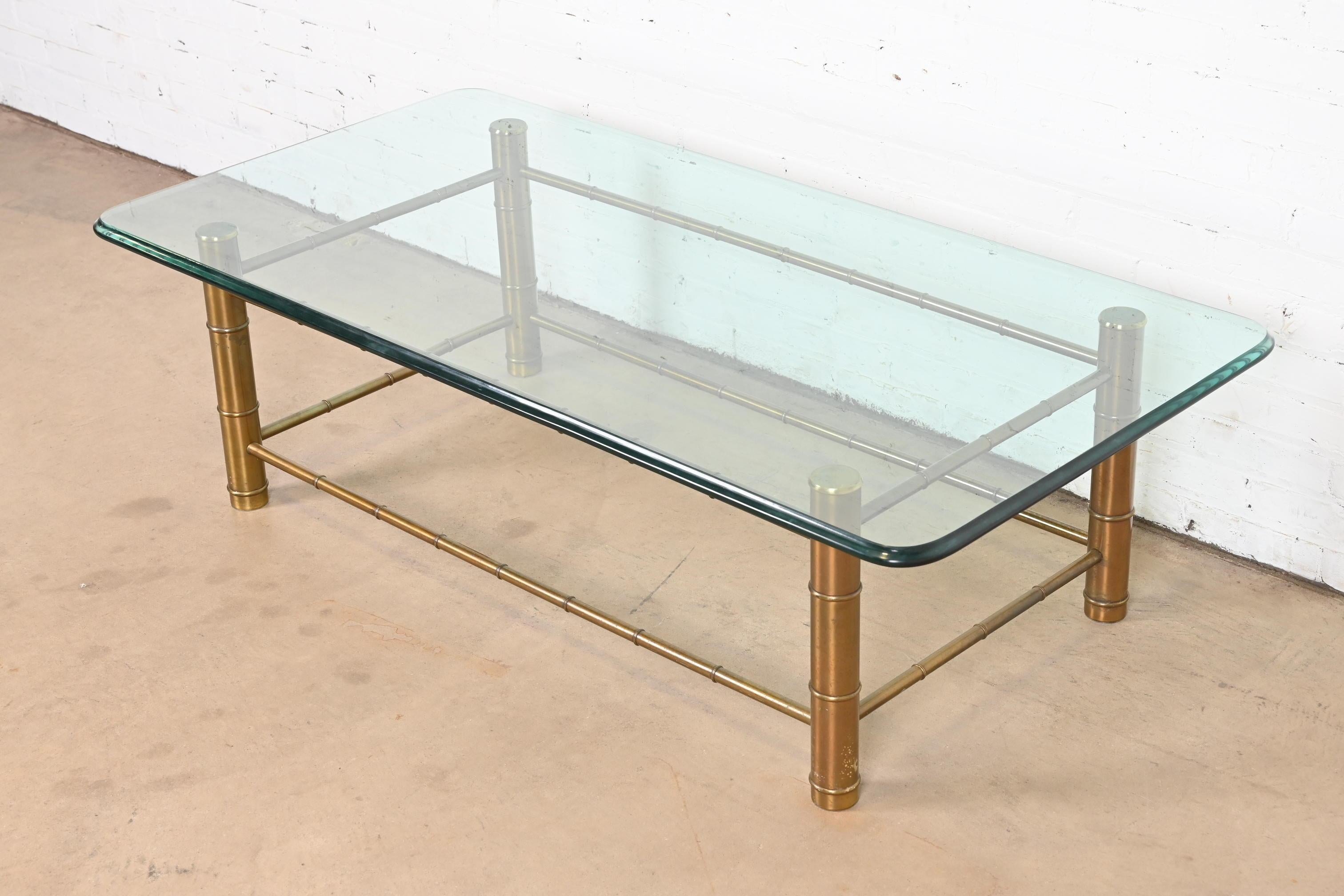 American Mastercraft Hollywood Regency Bamboo Form Brass and Glass Cocktail Table, 1970s For Sale