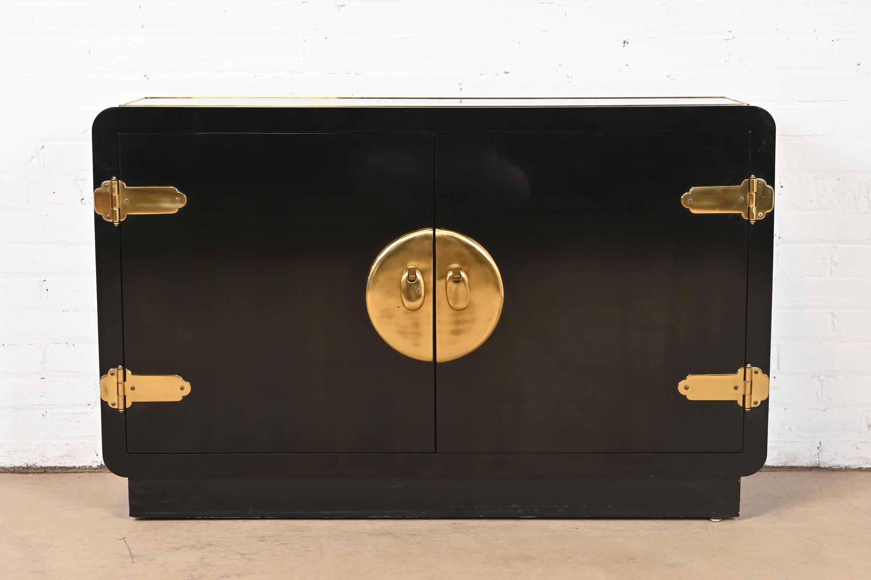 American Mastercraft Hollywood Regency Black Lacquer and Brass Bar Cabinet, 1970s