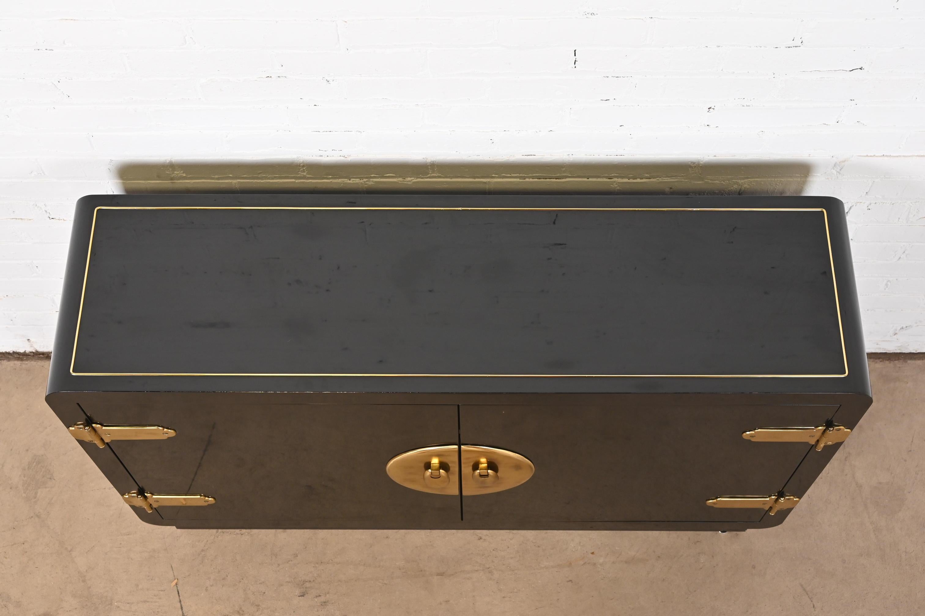 Mastercraft Hollywood Regency Black Lacquer and Brass Bar Cabinet, 1970s 3