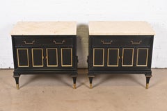 Mastercraft Hollywood Regency Black Lacquer and Brass Travertine Top Nightstands