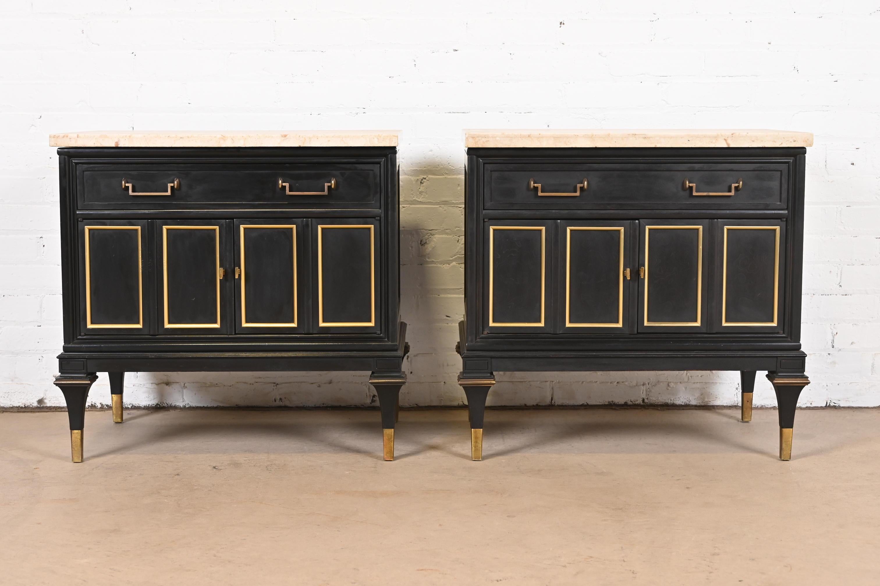 Mid-Century Modern Mastercraft Hollywood Regency Black Lacquer and Brass Travertine Top Nightstands