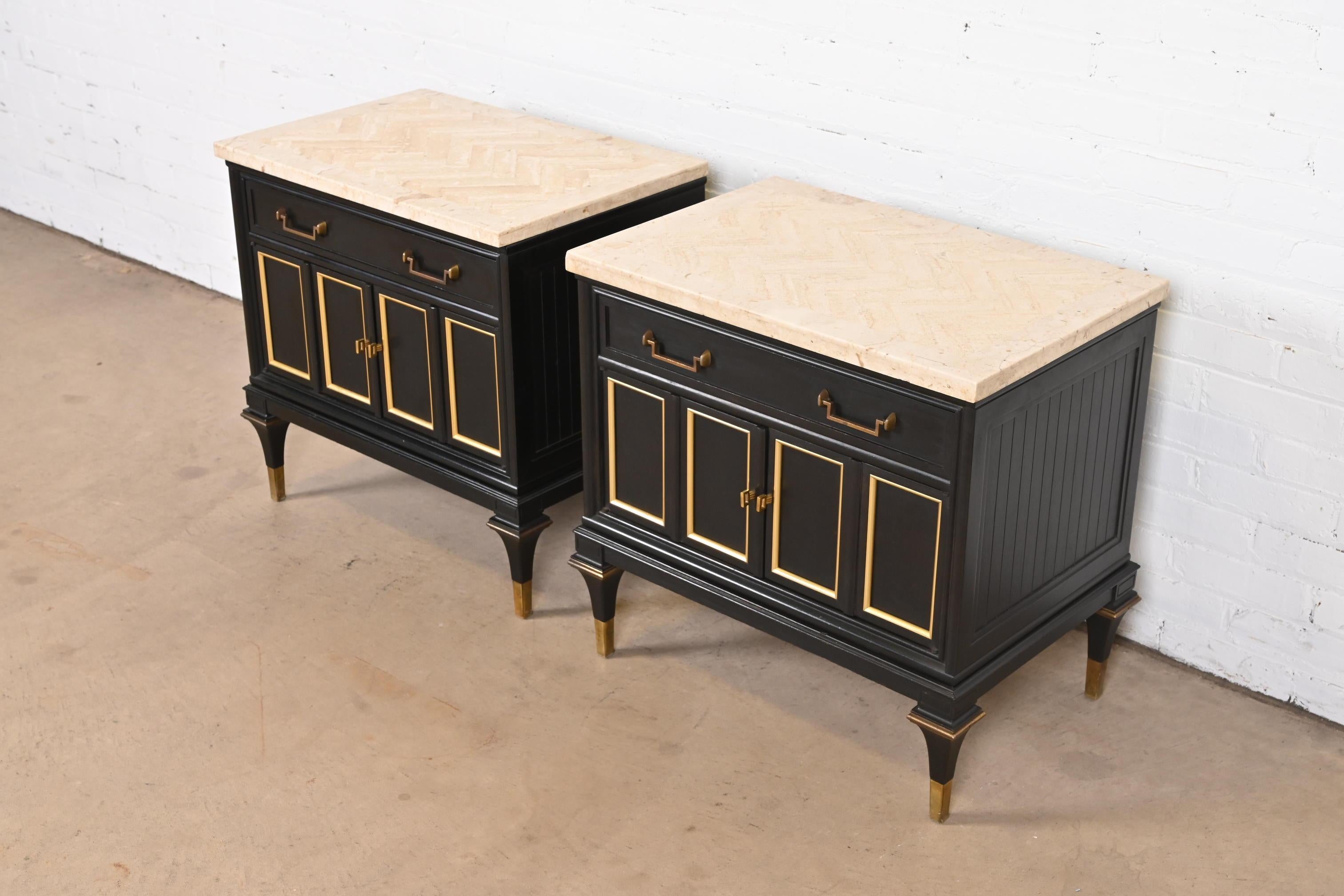 American Mastercraft Hollywood Regency Black Lacquer and Brass Travertine Top Nightstands